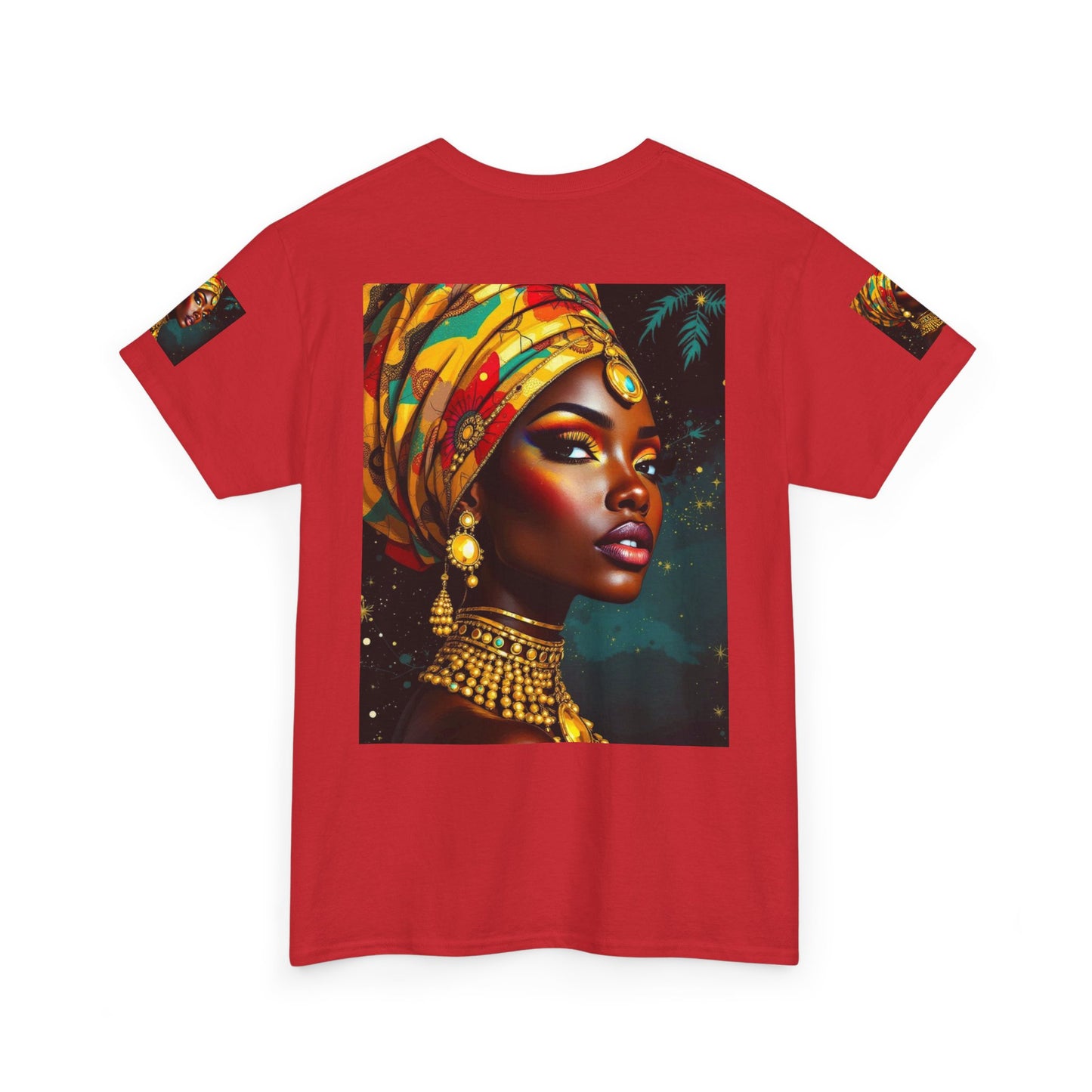 African Queen Portrait T-Shirt — Bold Headwrap & Gold Jewelry Graphic Tee