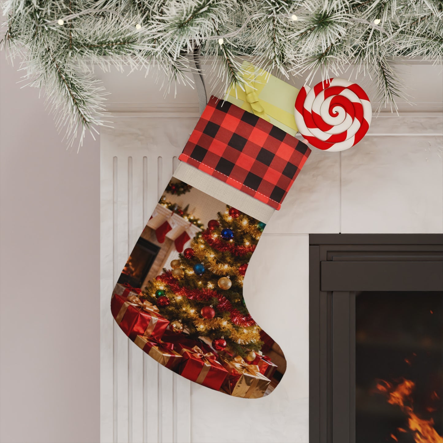 Plaid Cuff Christmas Stocking — Festive Tree & Gifts Holiday Stocking