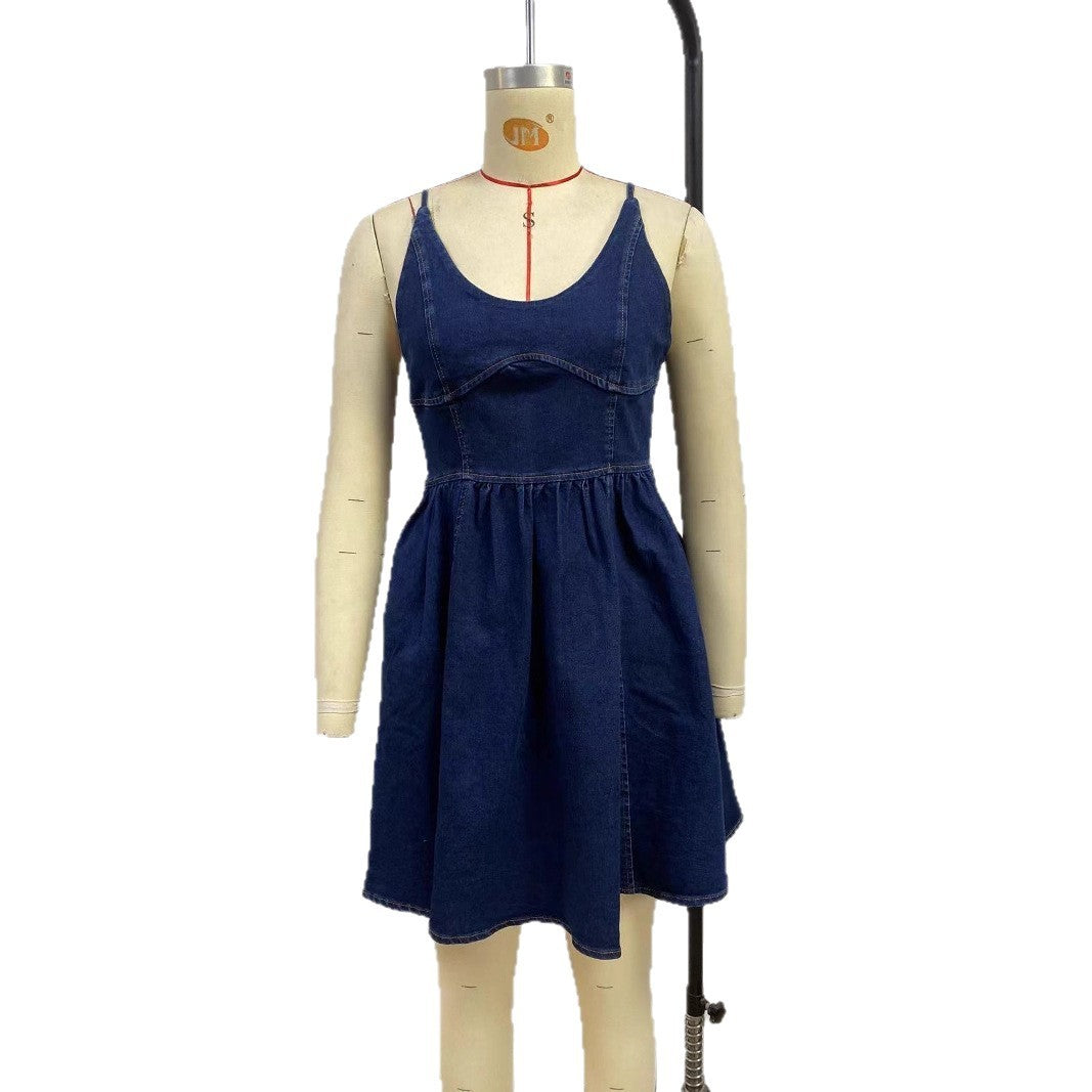 Women's Strapless High Waist Denim Flared Dress