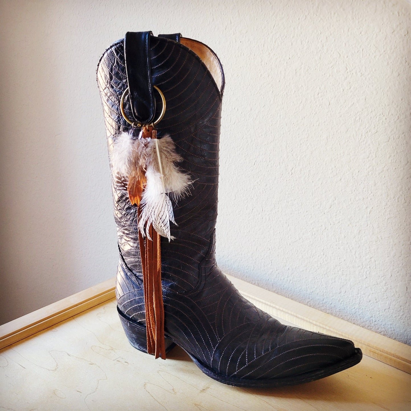 Boho Western Boot Bling Charm with Leather Fringe Cognac 500e-4