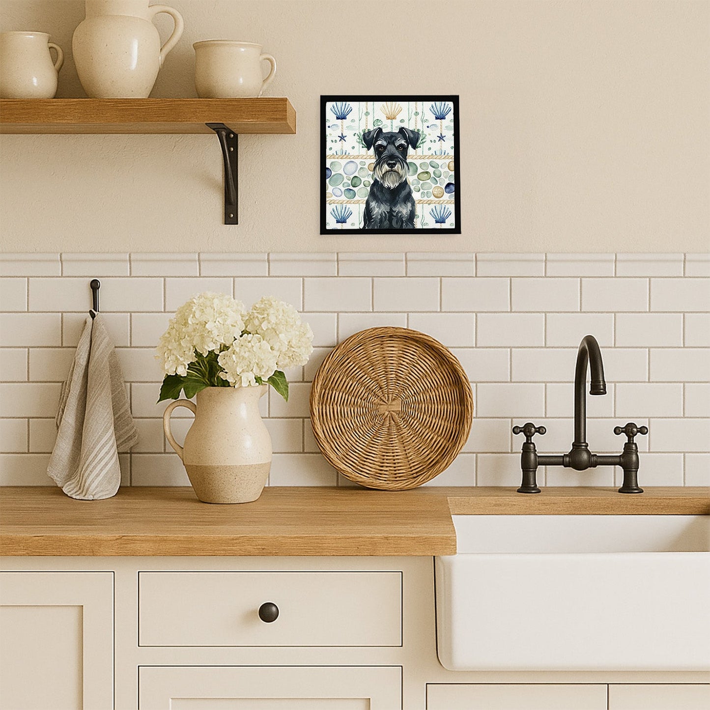 Standard Schnauzer Coastal Sea Glass Framed Metal Print