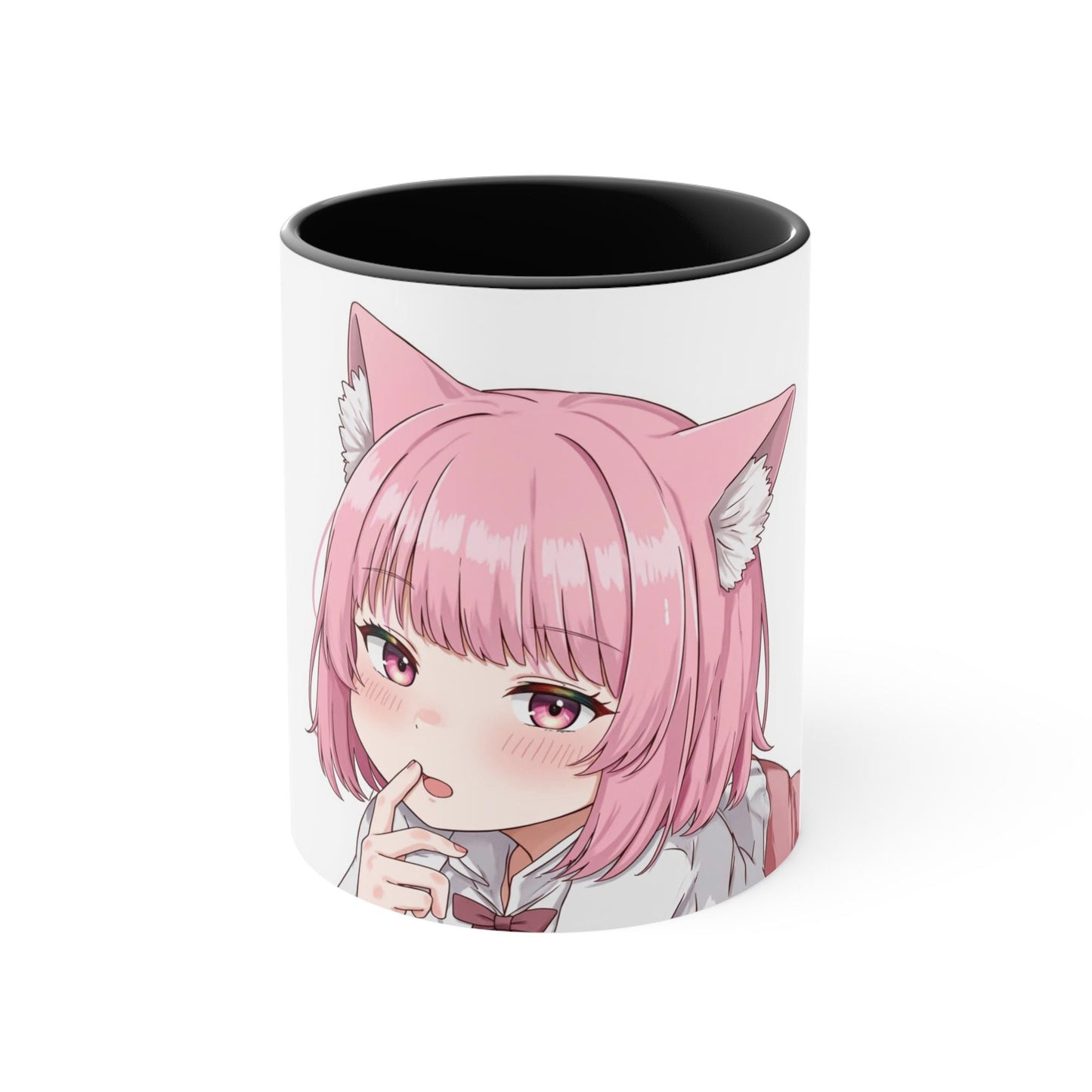 Anime-Inspired Accent Mugs, Cute Cat Girl Mug, Kawaii Coffee Cup, Gift for Anime Lovers, Pink Accent Mug, Unique Home Decor