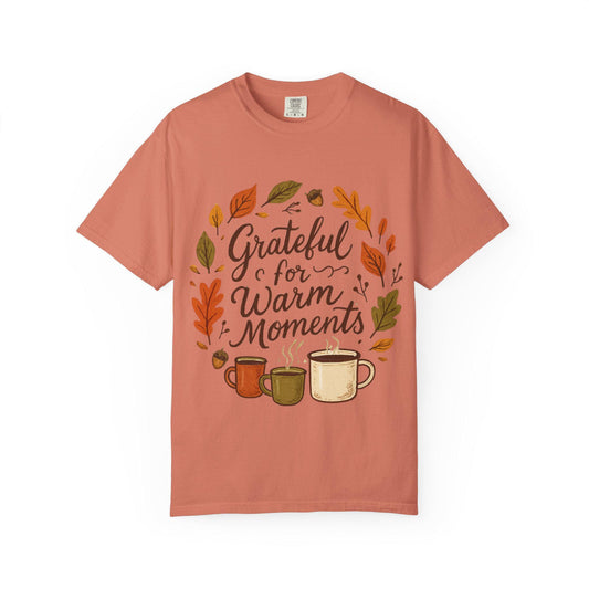 Grateful for Warm Moments T-shirt | Autumn mugs and leaves design