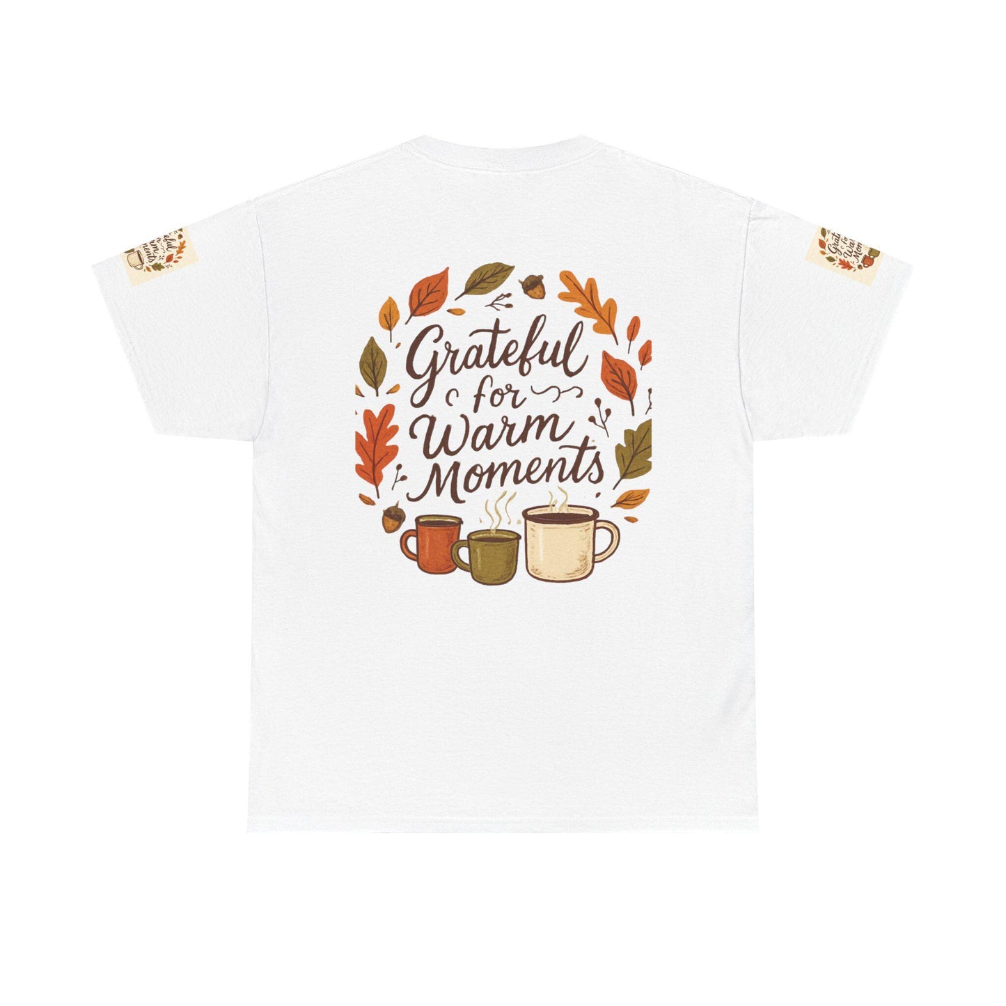 Grateful for Warm Moments Tee | Autumn Leaves, Coffee Mugs, Cozy Fall Design