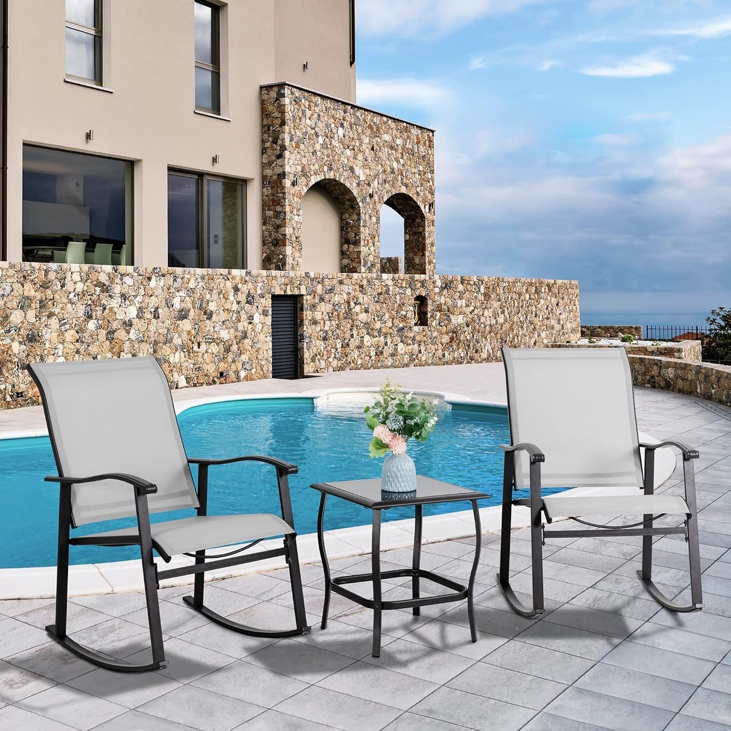 Elegant Three Piece Outdoor Rocking Bistro Furniture Set