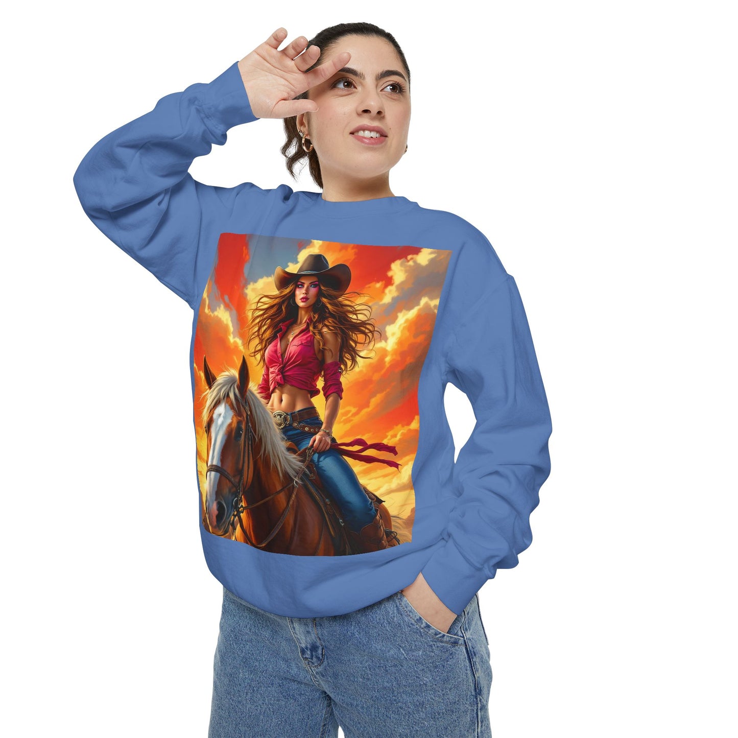 Cowgirl Sunset Sweatshirt — Horse Riding Graphic Crewneck