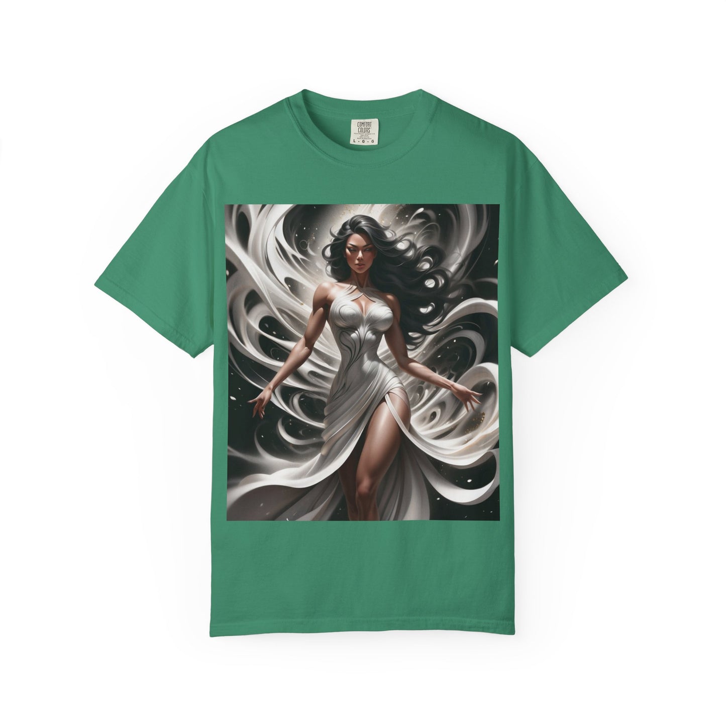 Goddess Art T-Shirt — Elegant White-Draped Fantasy Woman Print