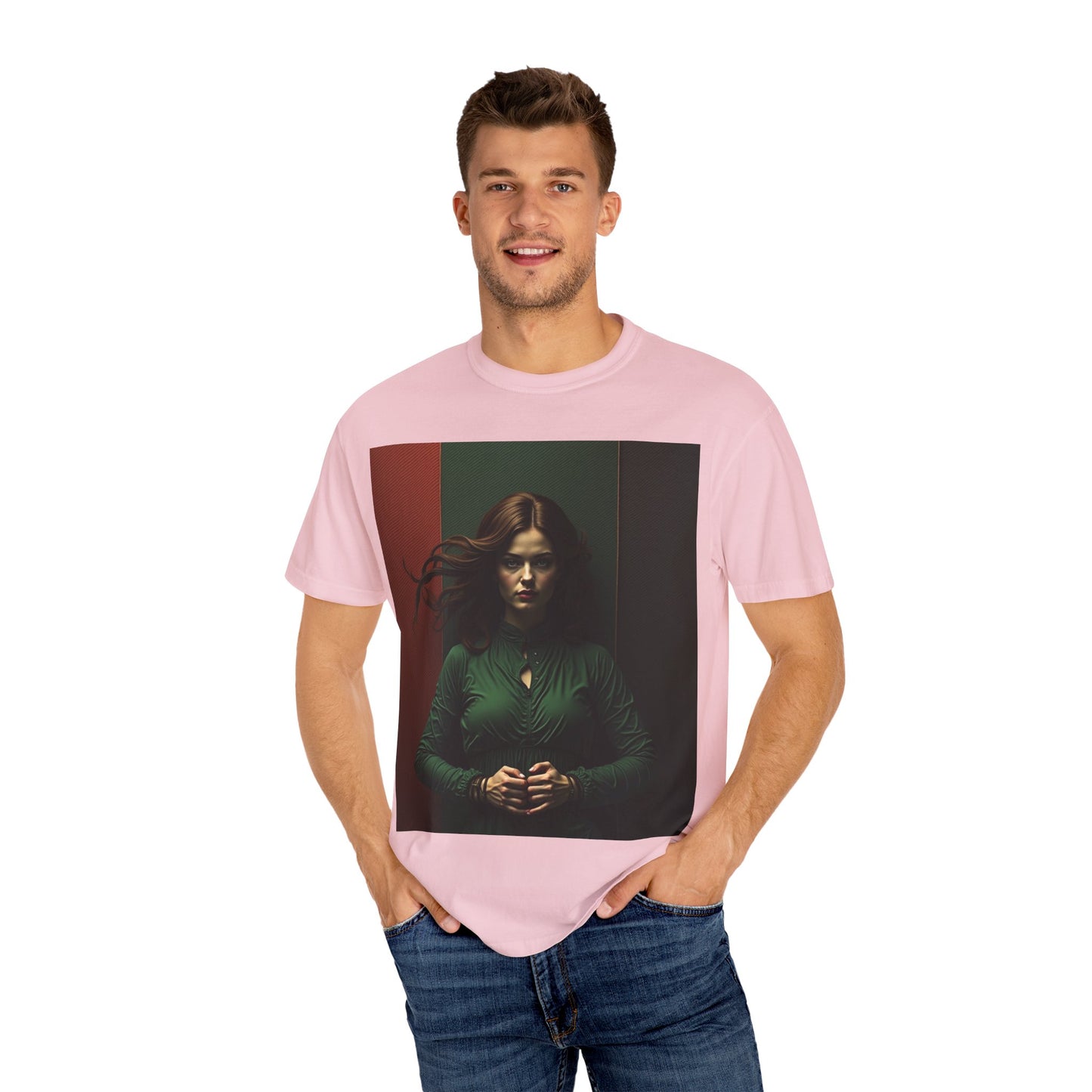 Portrait Photo Tee — Moody Green Woman Graphic T-Shirt