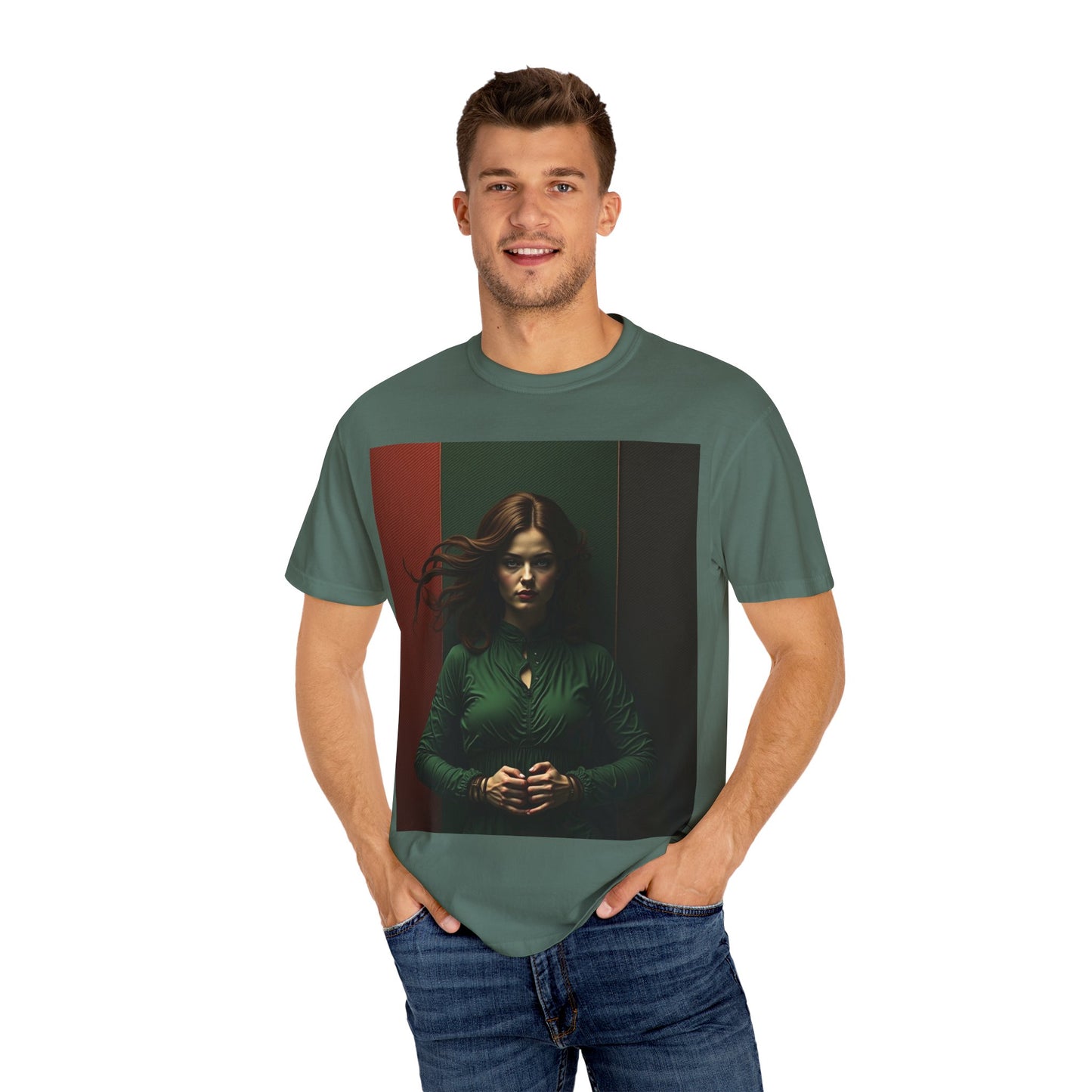 Portrait Photo Tee — Moody Green Woman Graphic T-Shirt