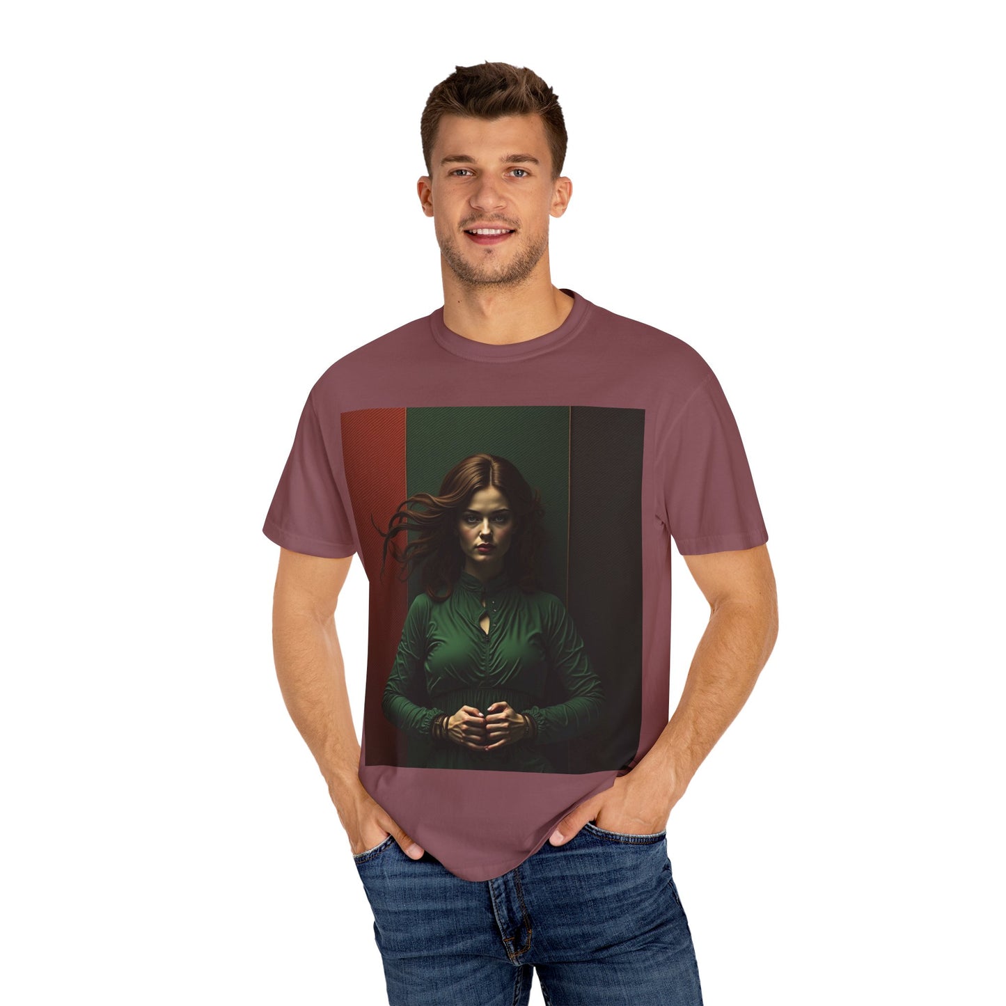 Portrait Photo Tee — Moody Green Woman Graphic T-Shirt