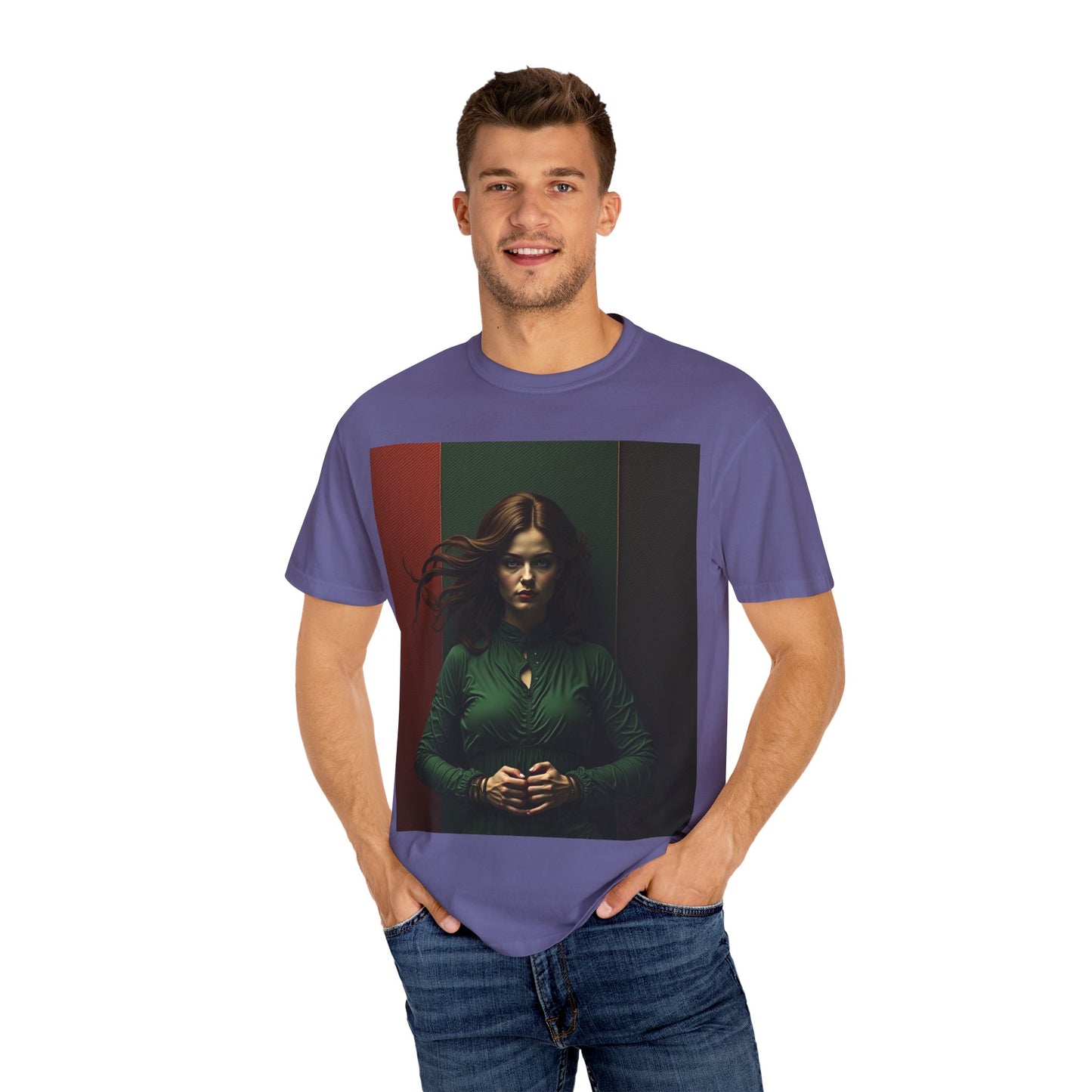 Portrait Photo Tee — Moody Green Woman Graphic T-Shirt