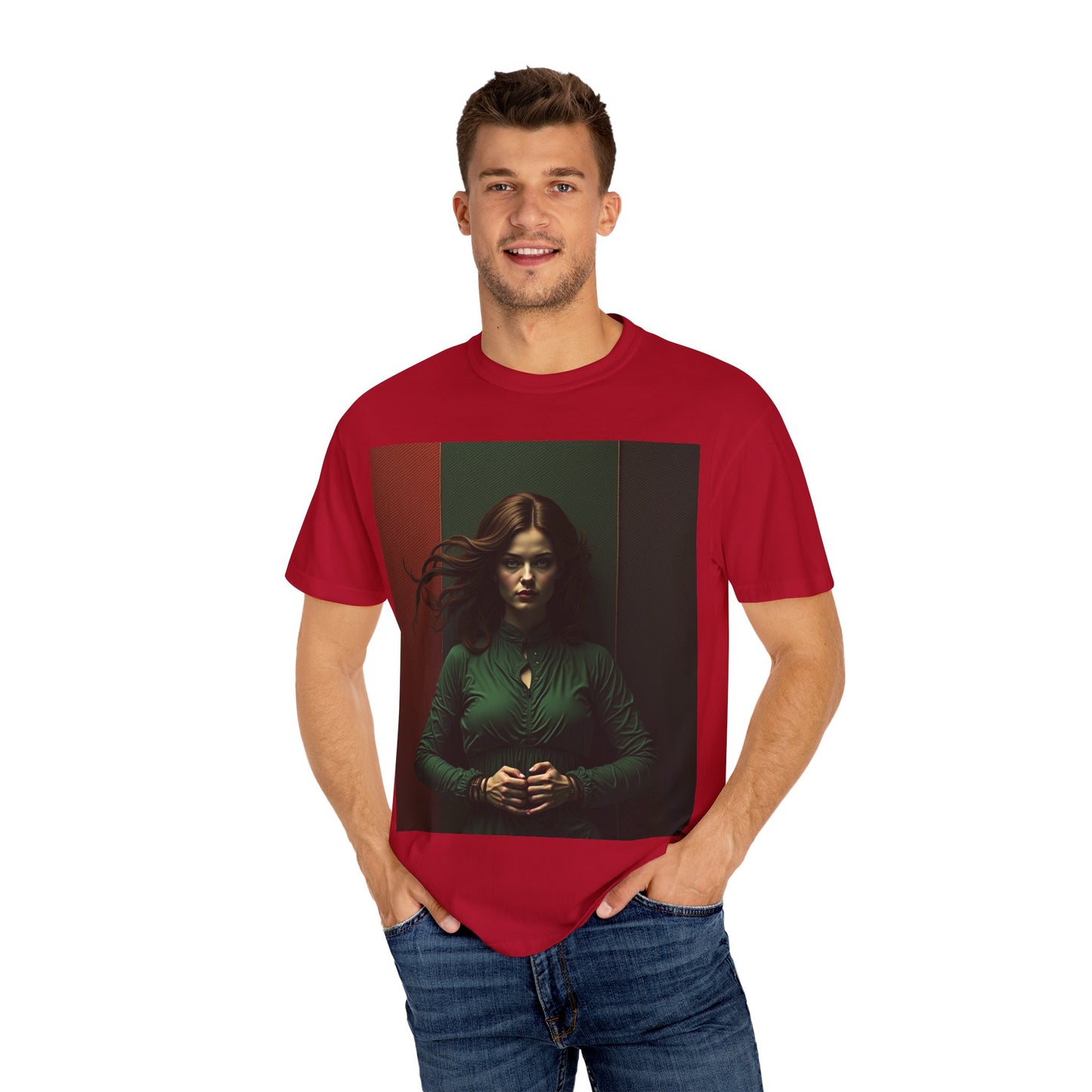 Portrait Photo Tee — Moody Green Woman Graphic T-Shirt