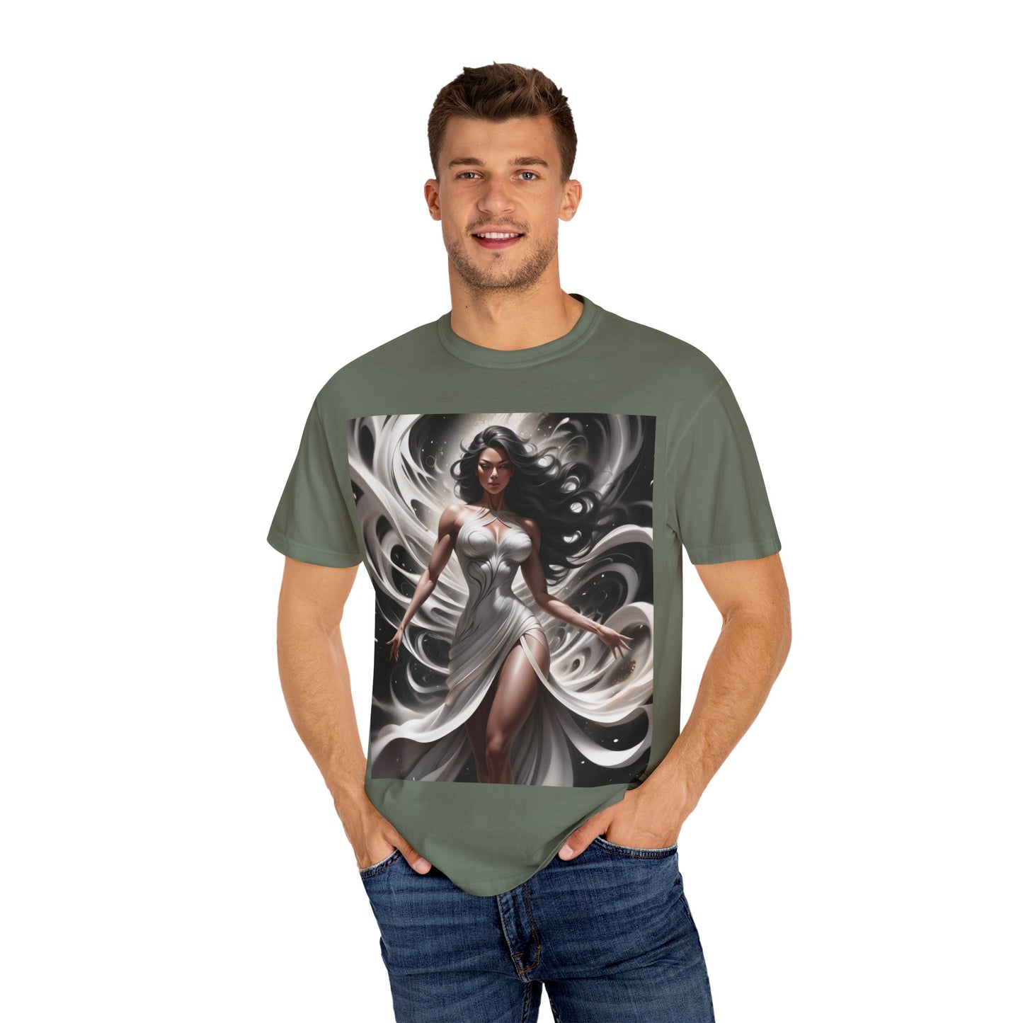 Goddess Art T-Shirt — Elegant White-Draped Fantasy Woman Print