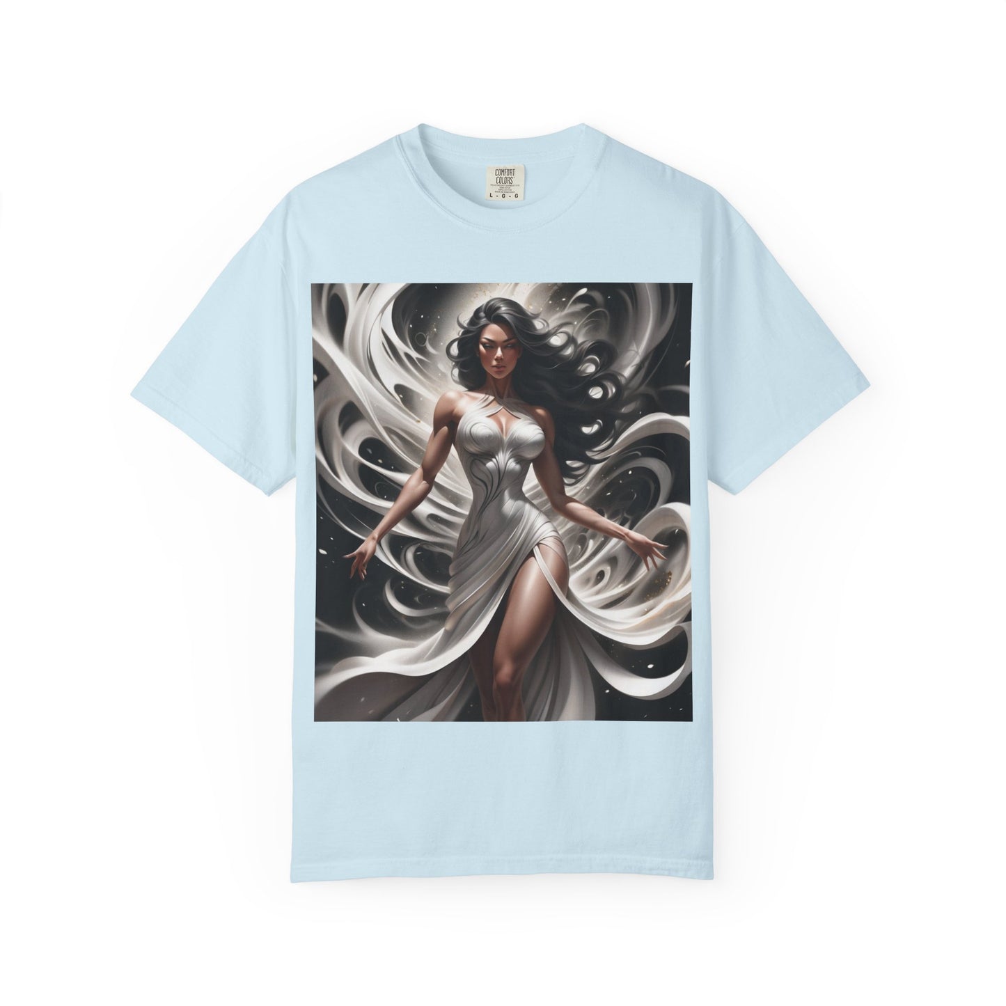 Goddess Art T-Shirt — Elegant White-Draped Fantasy Woman Print