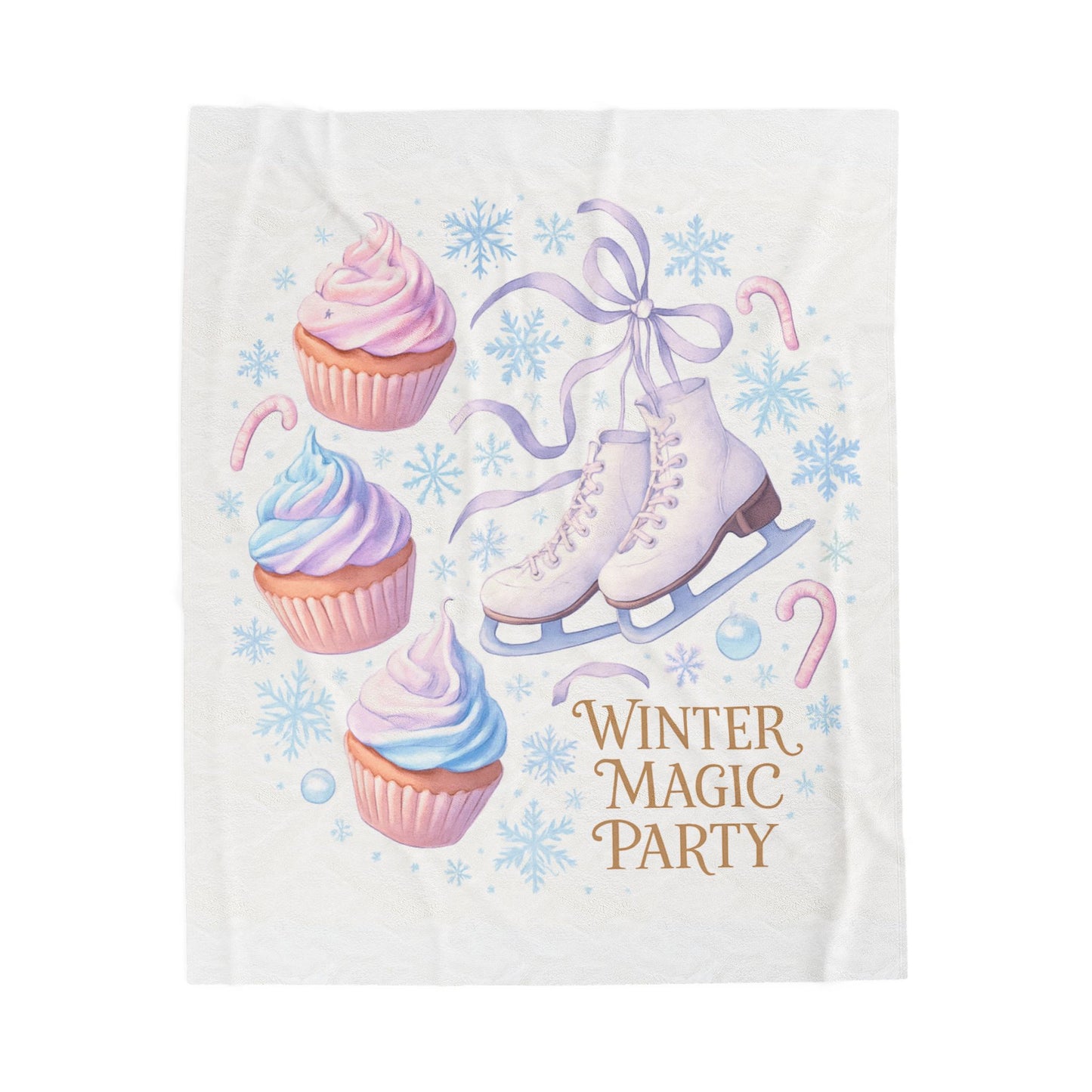 Winter Magic Party Velveteen Plush Blanket — Ice Skates & Cupcakes Cozy Throw