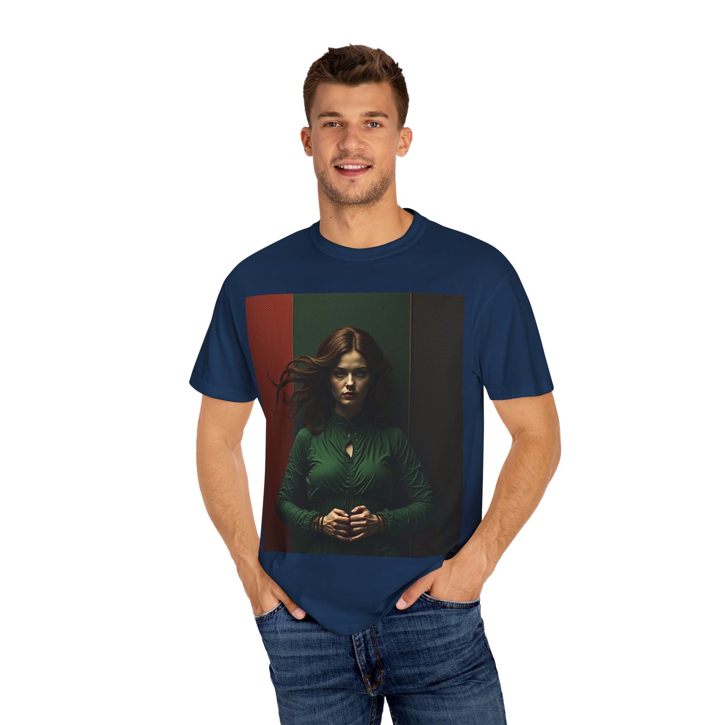 Portrait Photo Tee — Moody Green Woman Graphic T-Shirt