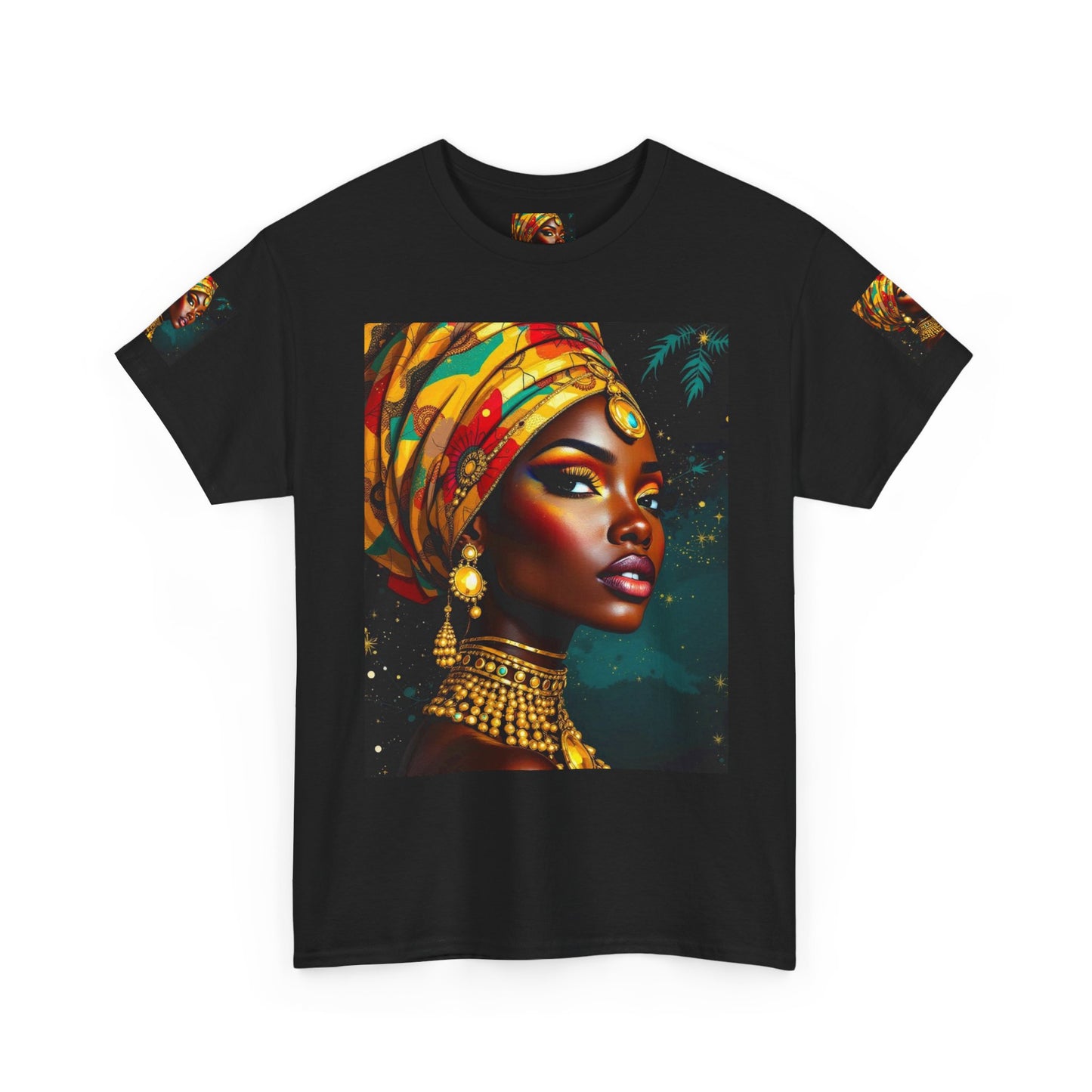 African Queen Portrait T-Shirt — Bold Headwrap & Gold Jewelry Graphic Tee