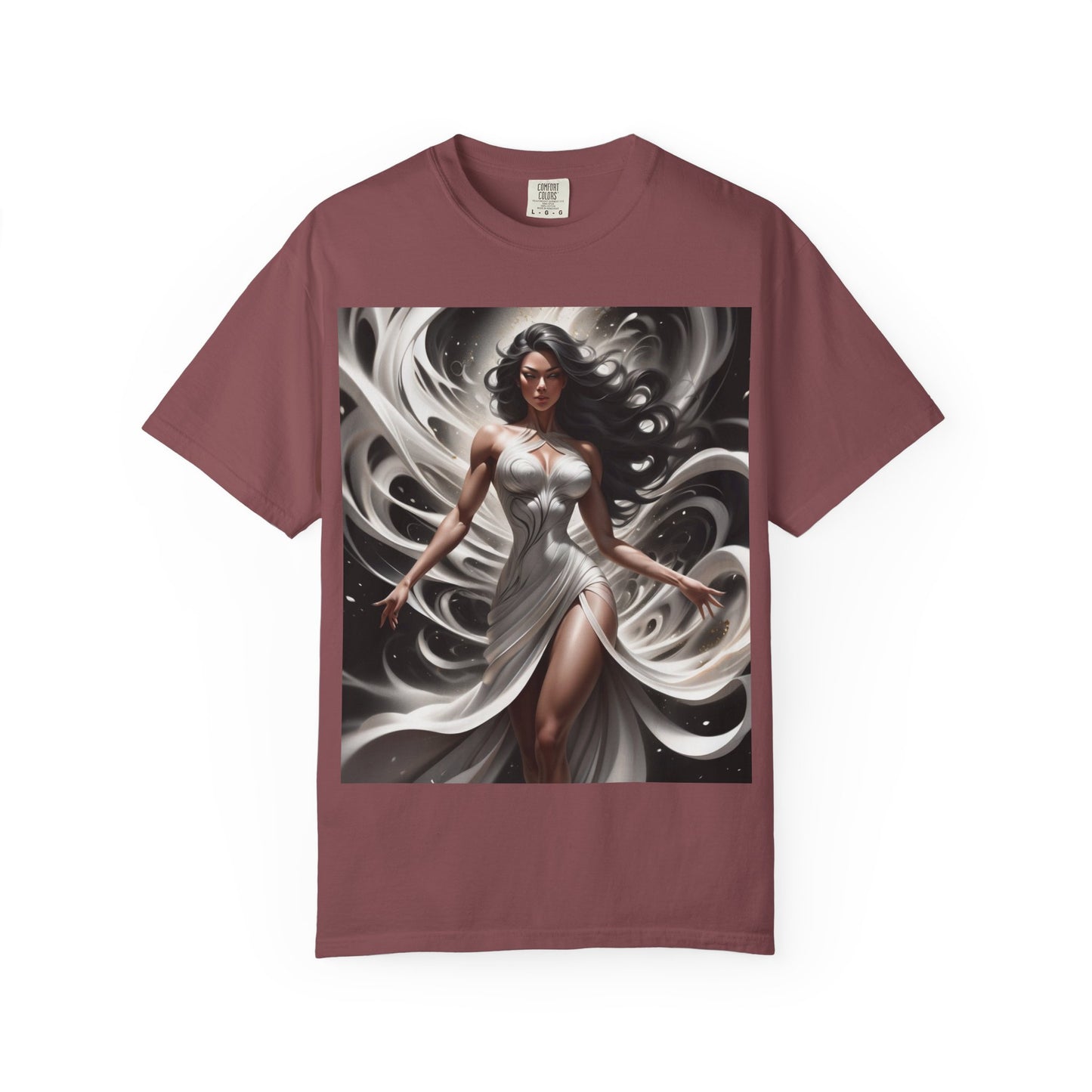 Goddess Art T-Shirt — Elegant White-Draped Fantasy Woman Print