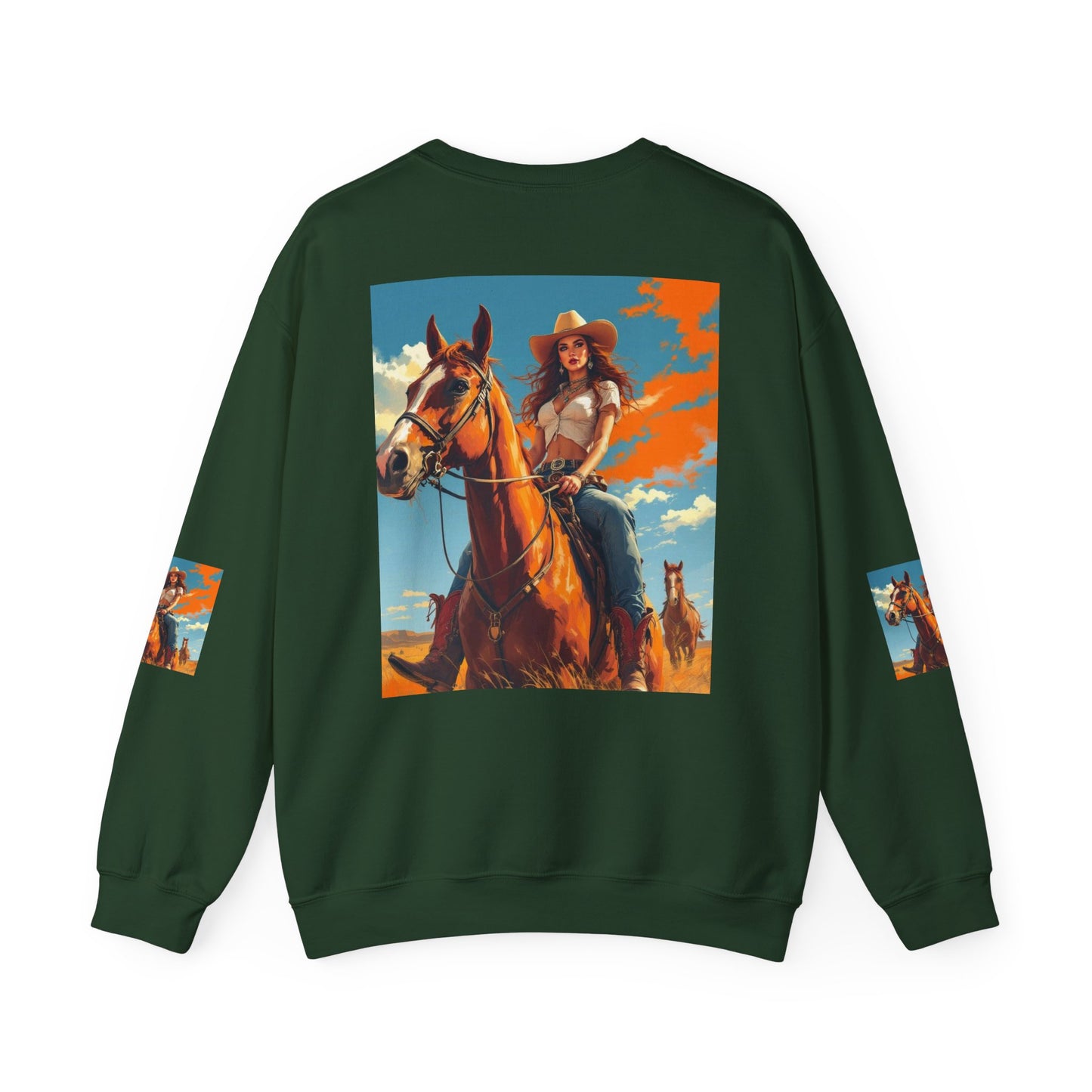Cowgirl Riding Horse Sweatshirt — Western Sunset Graphic Crewneck