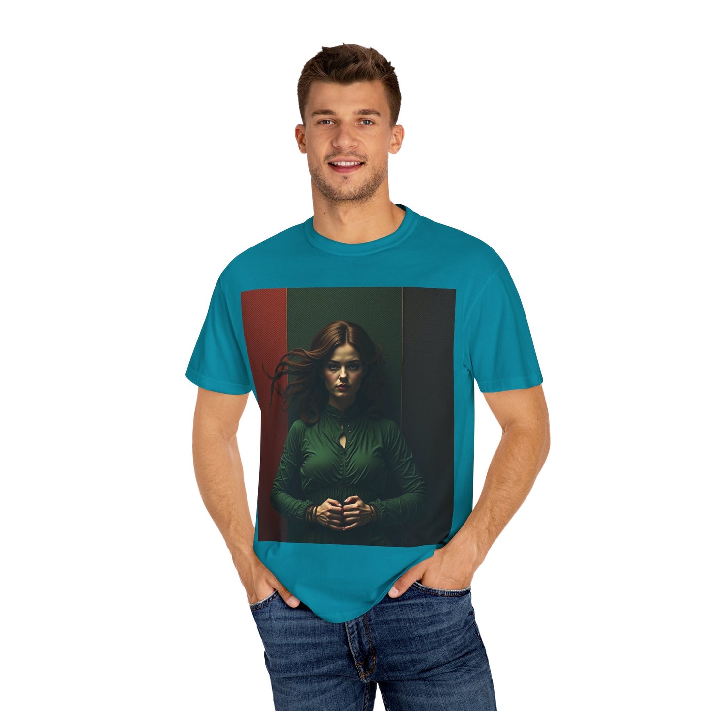 Portrait Photo Tee — Moody Green Woman Graphic T-Shirt
