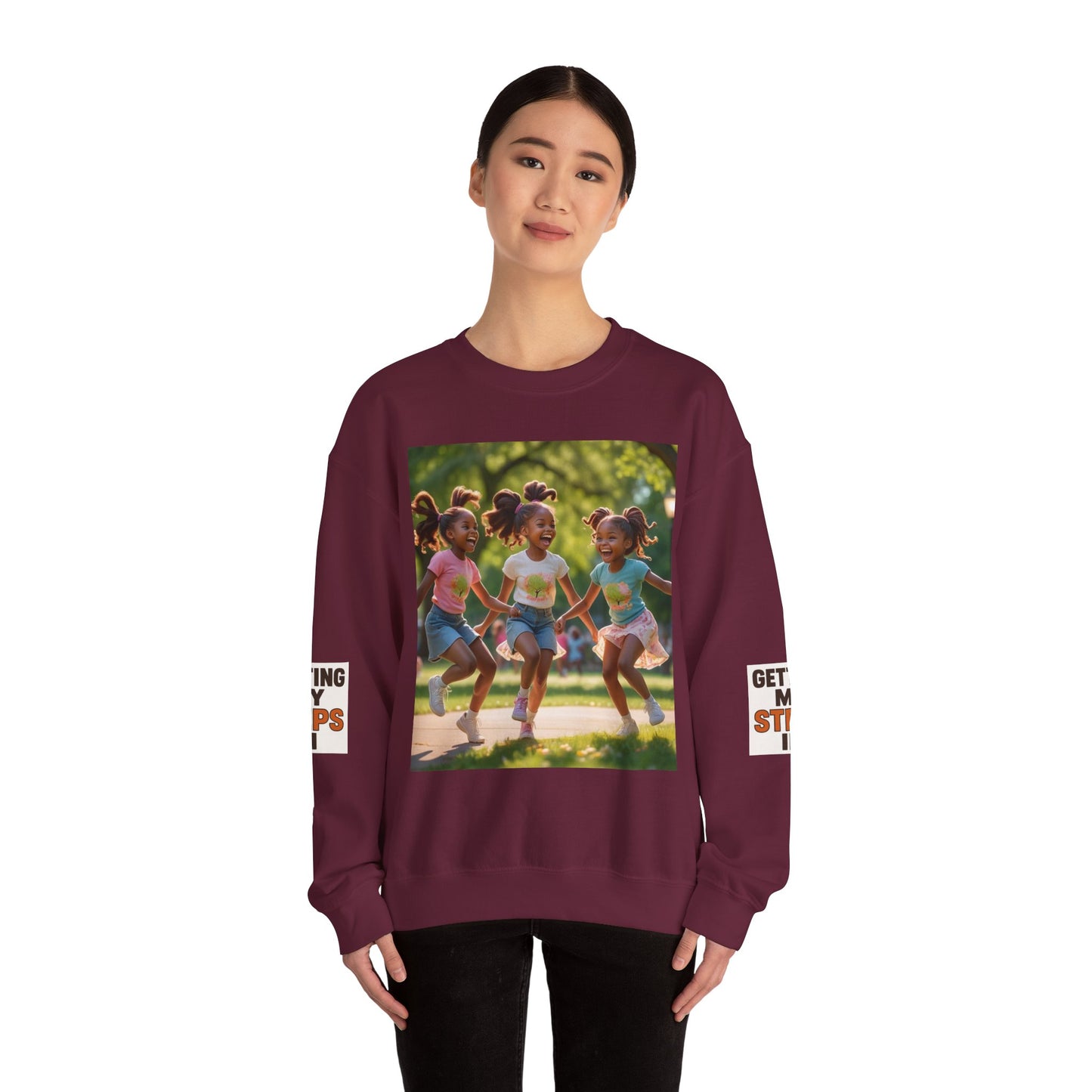 Crewneck Sweatshirt — "Getting My Steps In" Graphic with Kids Playing