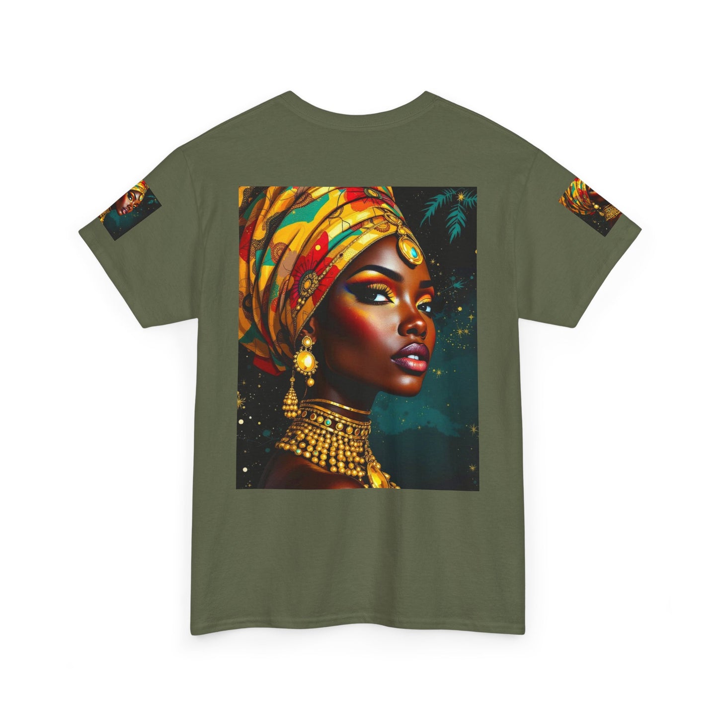 African Queen Portrait T-Shirt — Bold Headwrap & Gold Jewelry Graphic Tee
