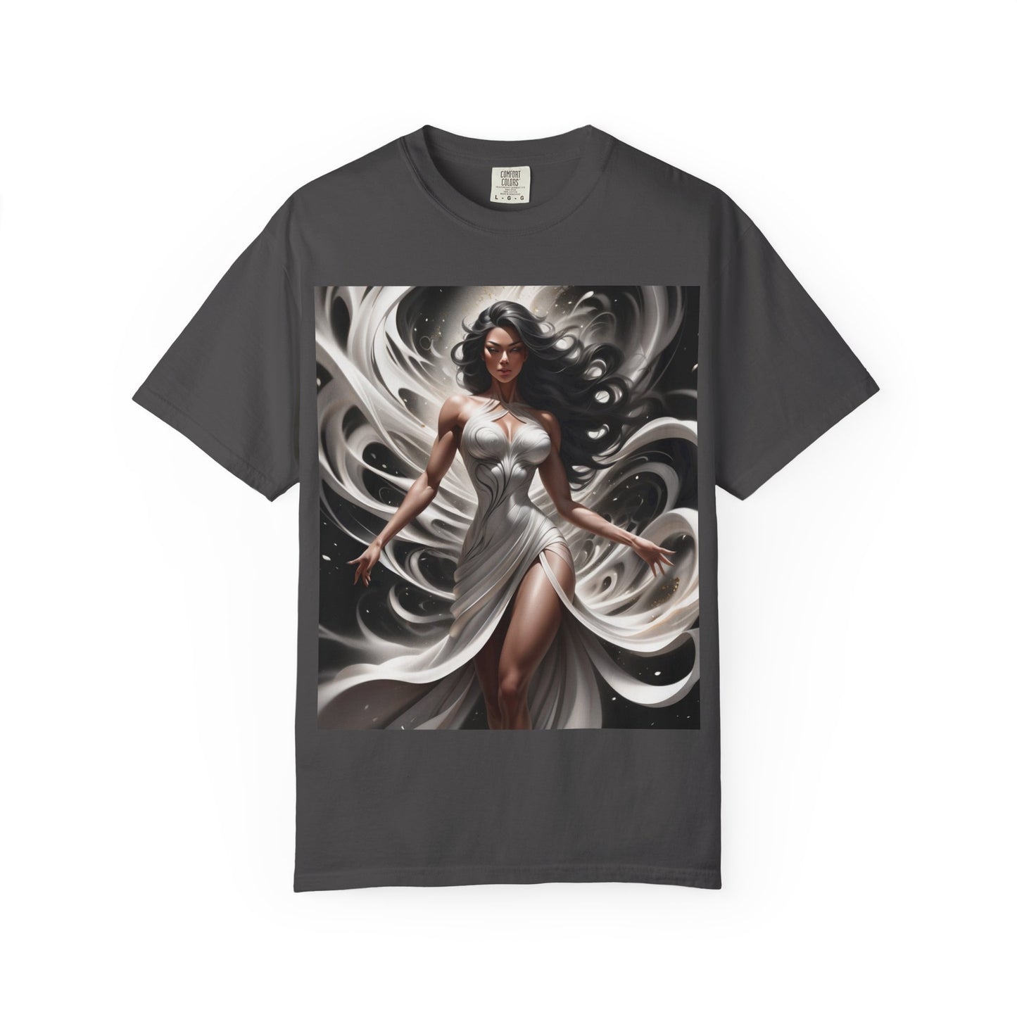Goddess Art T-Shirt — Elegant White-Draped Fantasy Woman Print