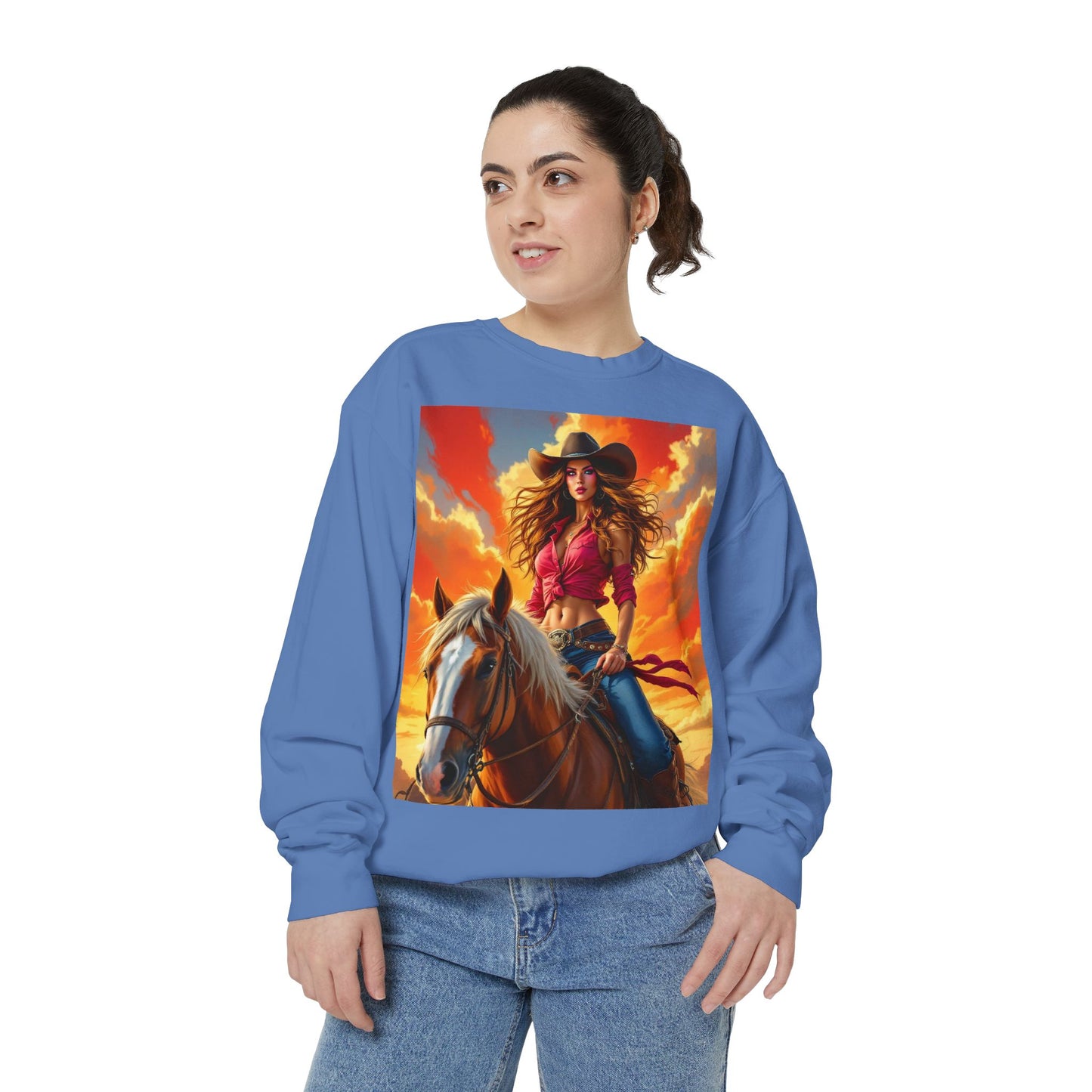 Cowgirl Sunset Sweatshirt — Horse Riding Graphic Crewneck