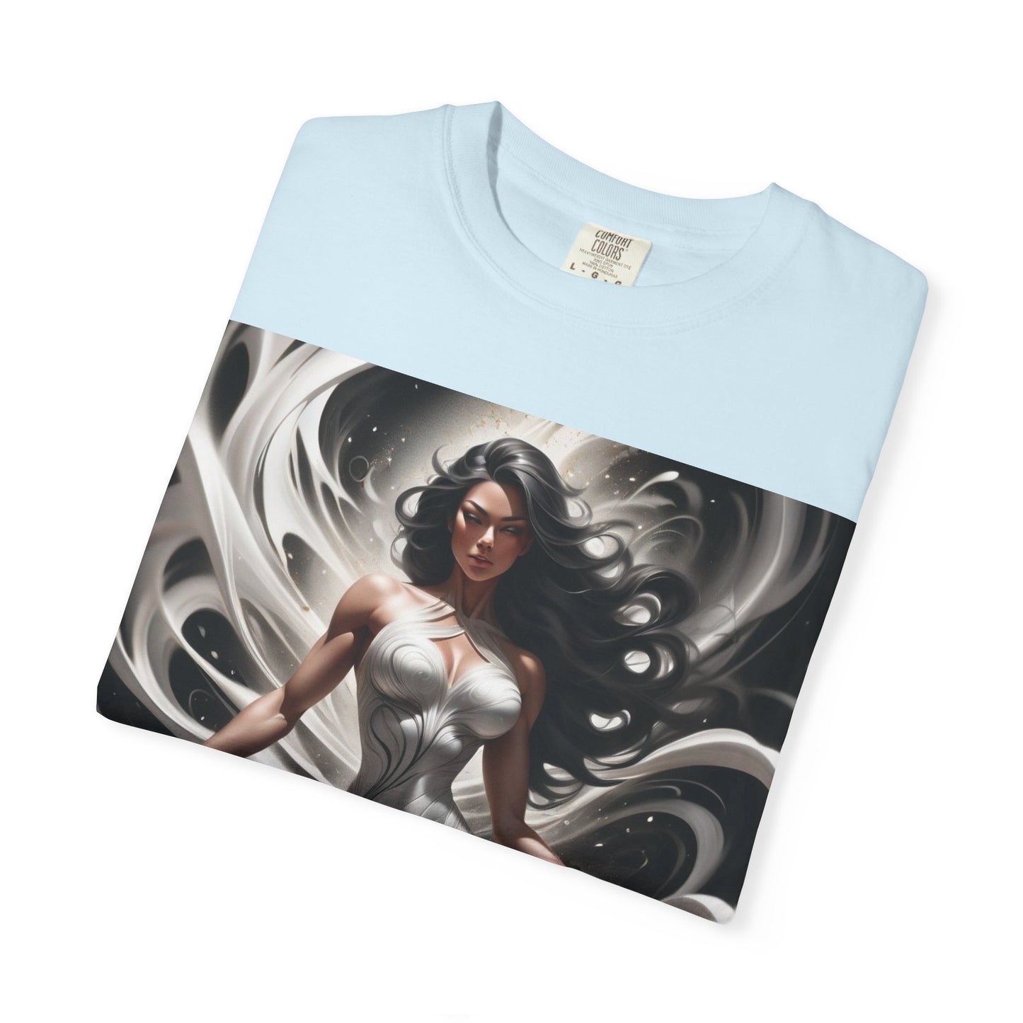 Goddess Art T-Shirt — Elegant White-Draped Fantasy Woman Print