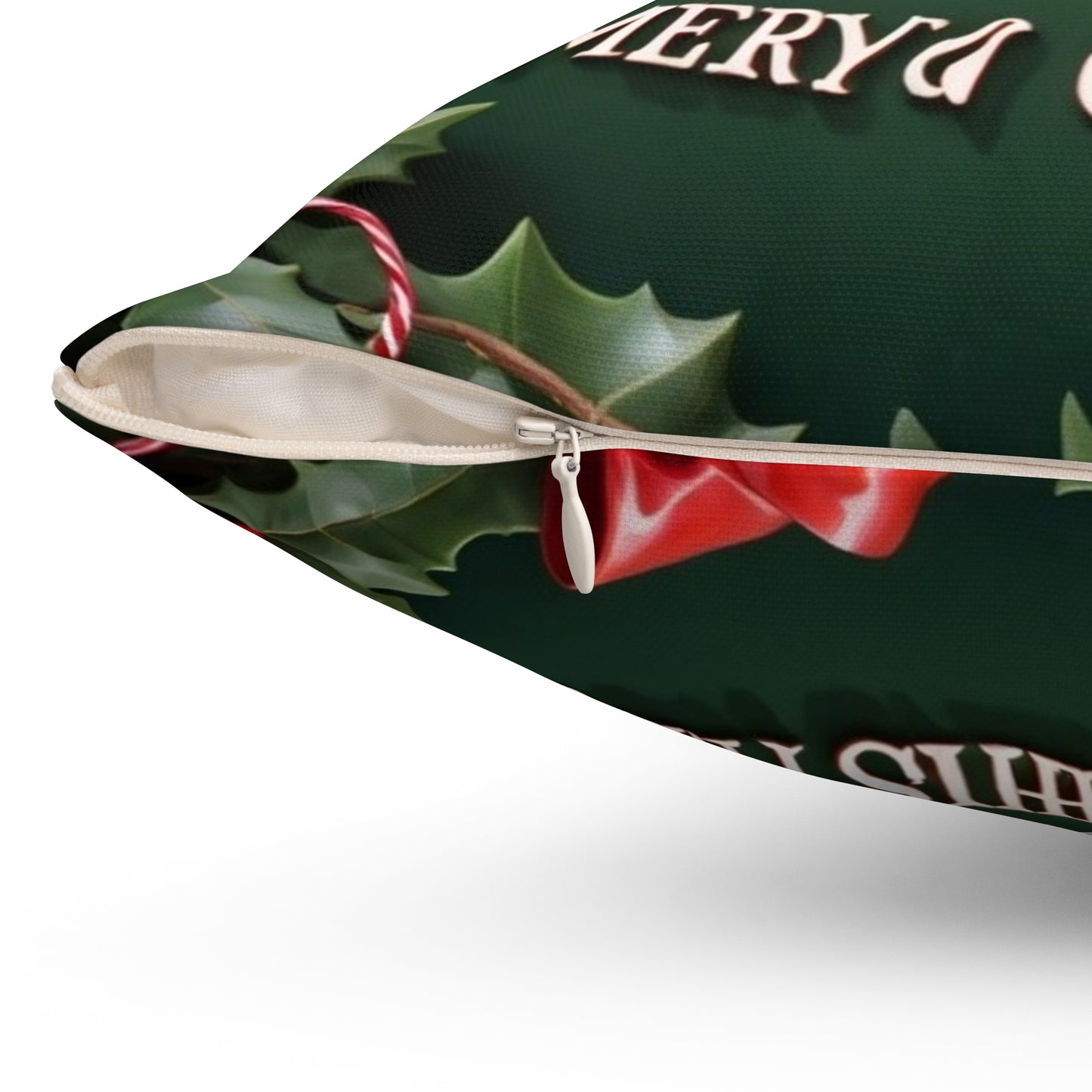 Merry Christmas Decorative Pillow — Festive Green Holiday Throw Pillow with Holly & Ornaments