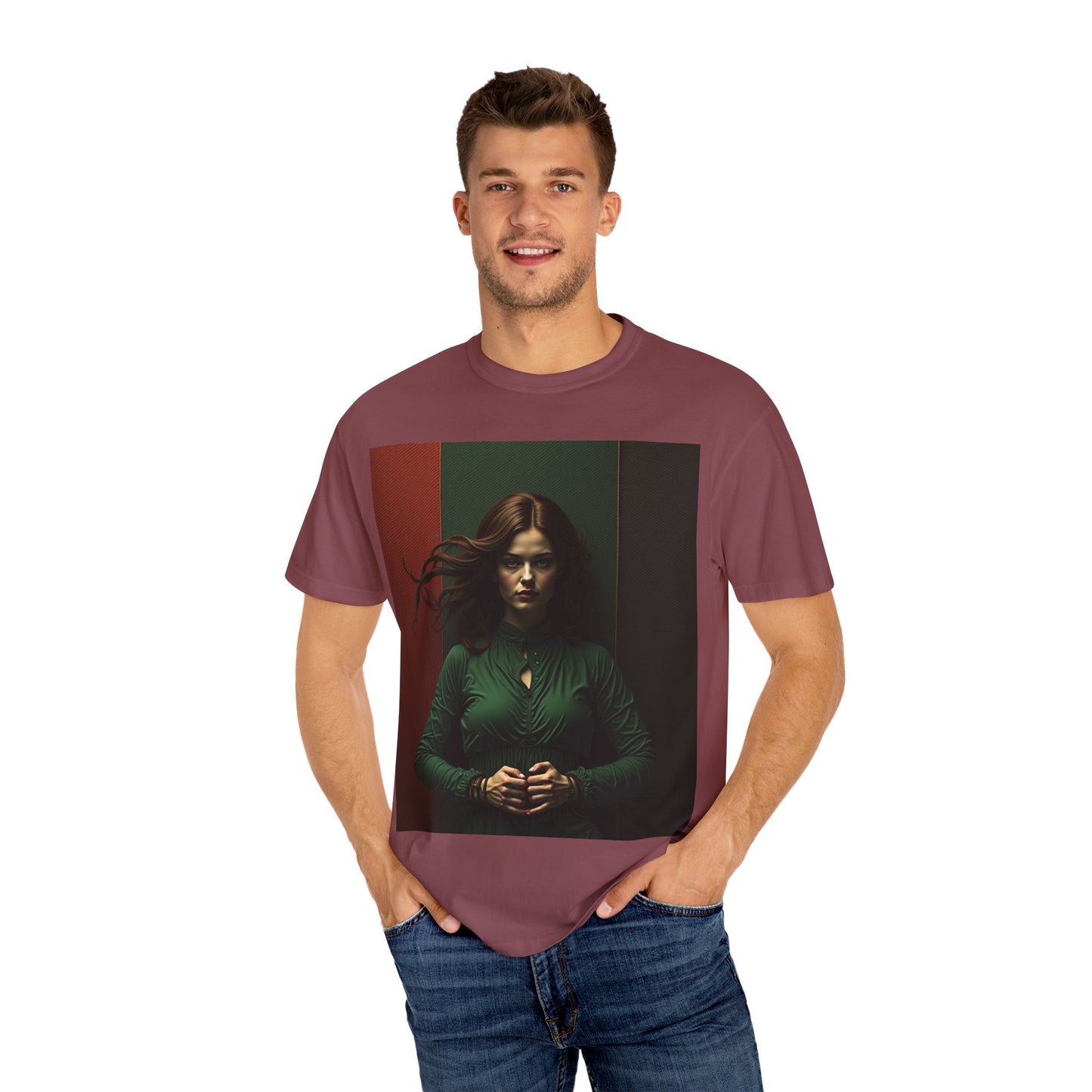 Portrait Photo Tee — Moody Green Woman Graphic T-Shirt