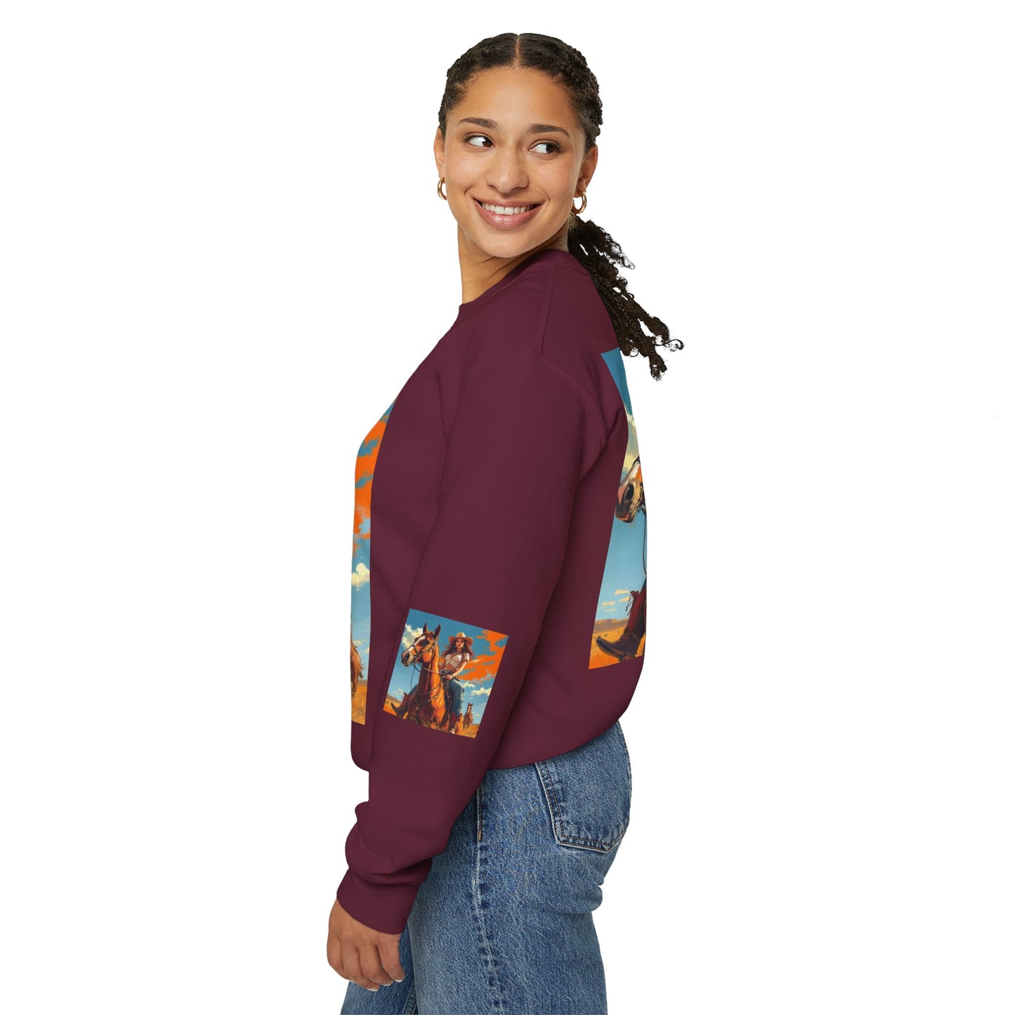 Cowgirl Riding Horse Sweatshirt — Western Sunset Graphic Crewneck