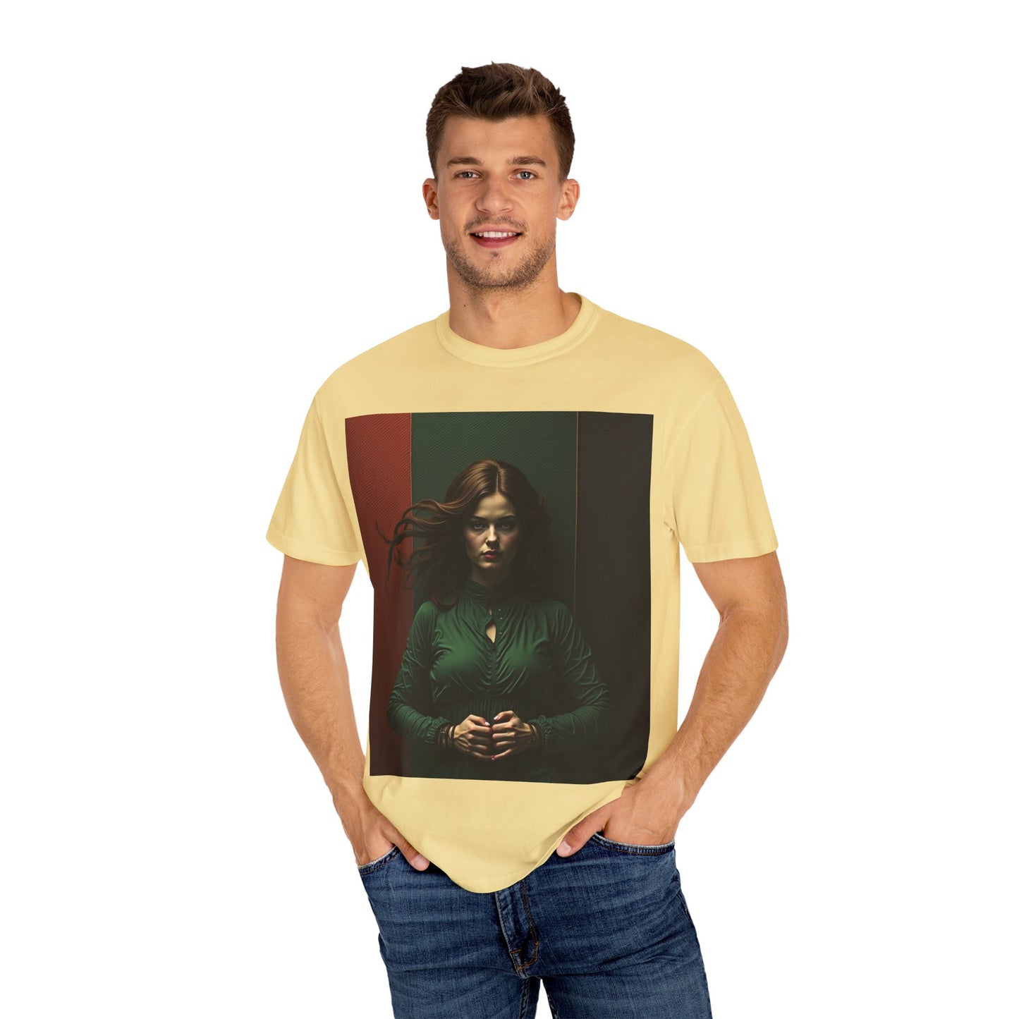 Portrait Photo Tee — Moody Green Woman Graphic T-Shirt