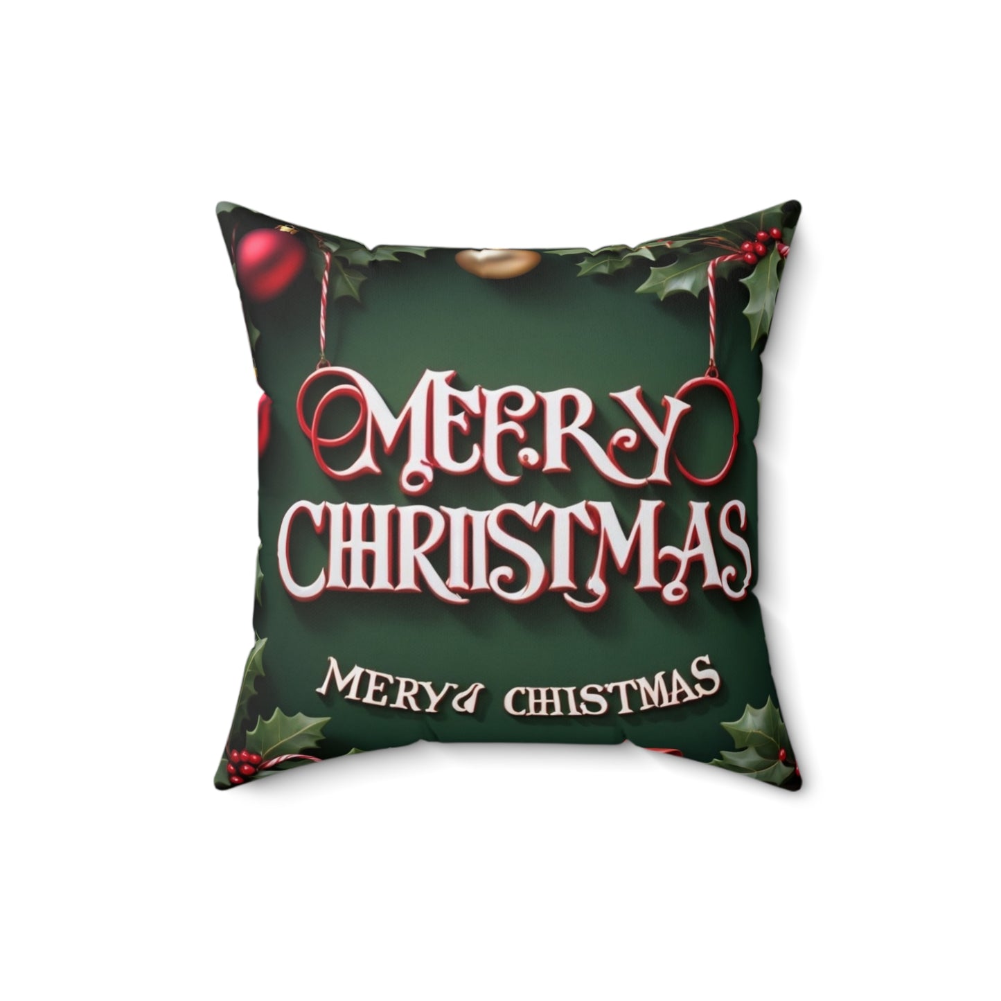 Merry Christmas Decorative Pillow — Festive Green Holiday Throw Pillow with Holly & Ornaments