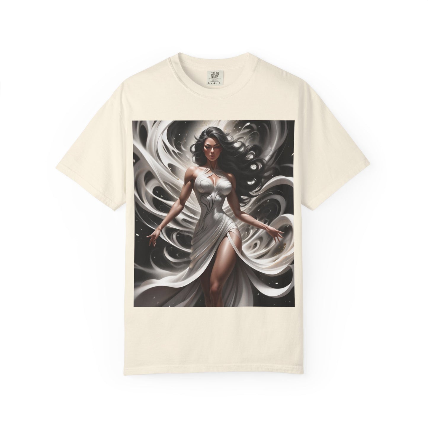 Goddess Art T-Shirt — Elegant White-Draped Fantasy Woman Print