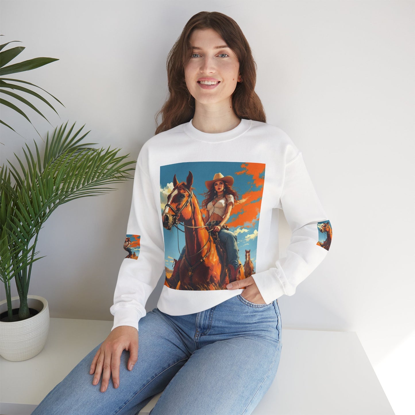 Cowgirl Riding Horse Sweatshirt — Western Sunset Graphic Crewneck