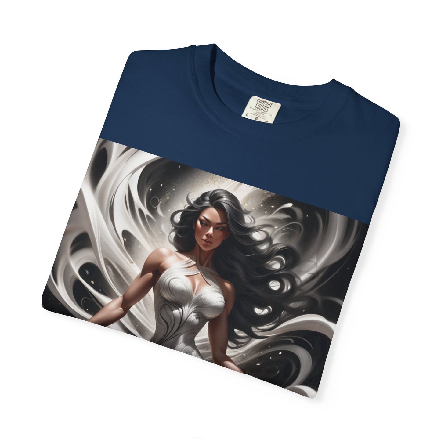 Goddess Art T-Shirt — Elegant White-Draped Fantasy Woman Print