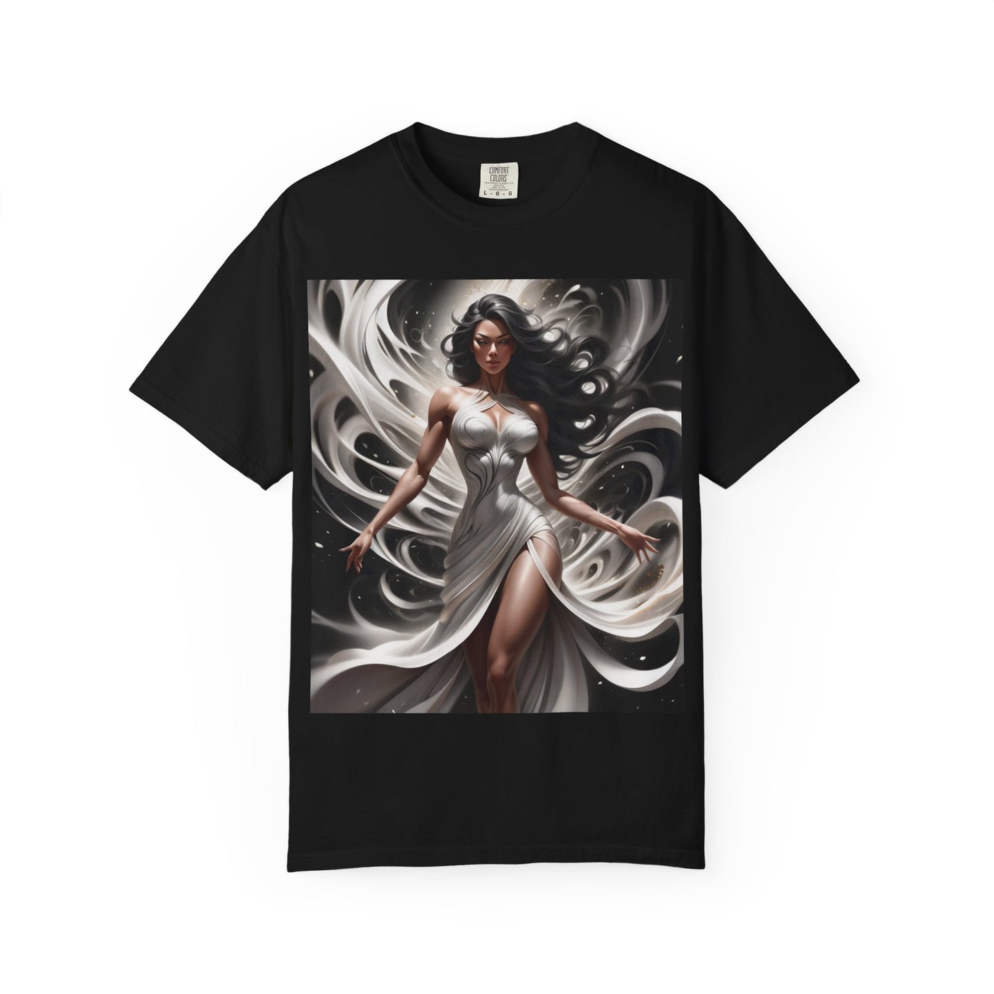 Goddess Art T-Shirt — Elegant White-Draped Fantasy Woman Print
