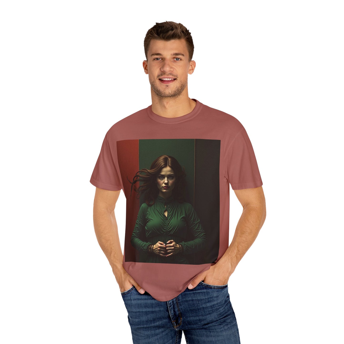 Portrait Photo Tee — Moody Green Woman Graphic T-Shirt