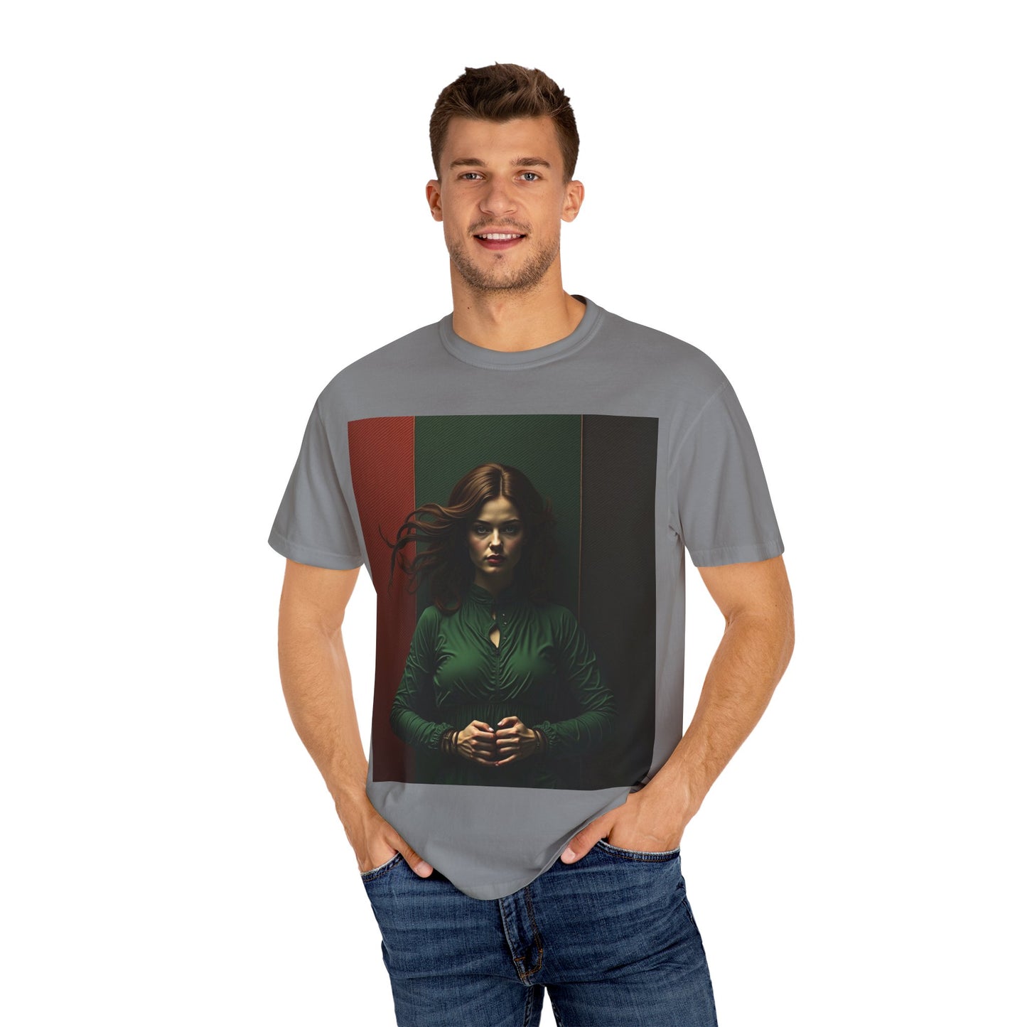 Portrait Photo Tee — Moody Green Woman Graphic T-Shirt