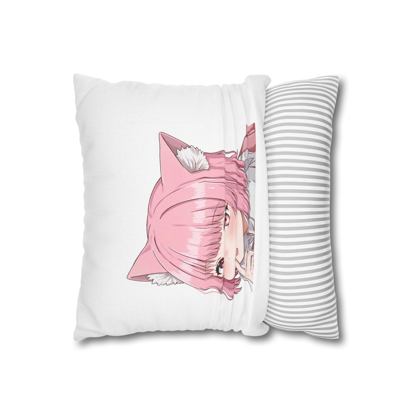 Anime Catgirl Pillowcase — Pink Neko Girl Decorative Throw Pillow