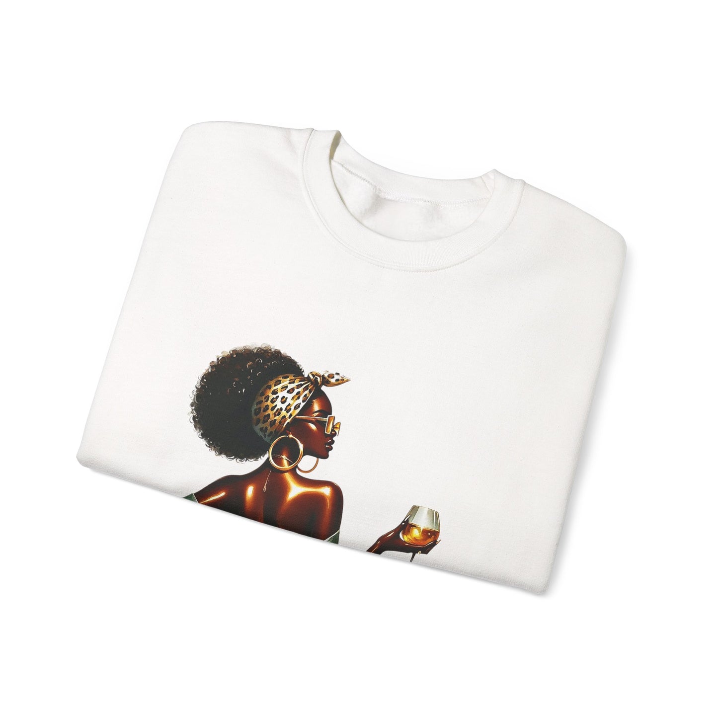Afro Chic Woman Holding Wine Crewneck Sweatshirt — Stylish Black Girl Art Pullover
