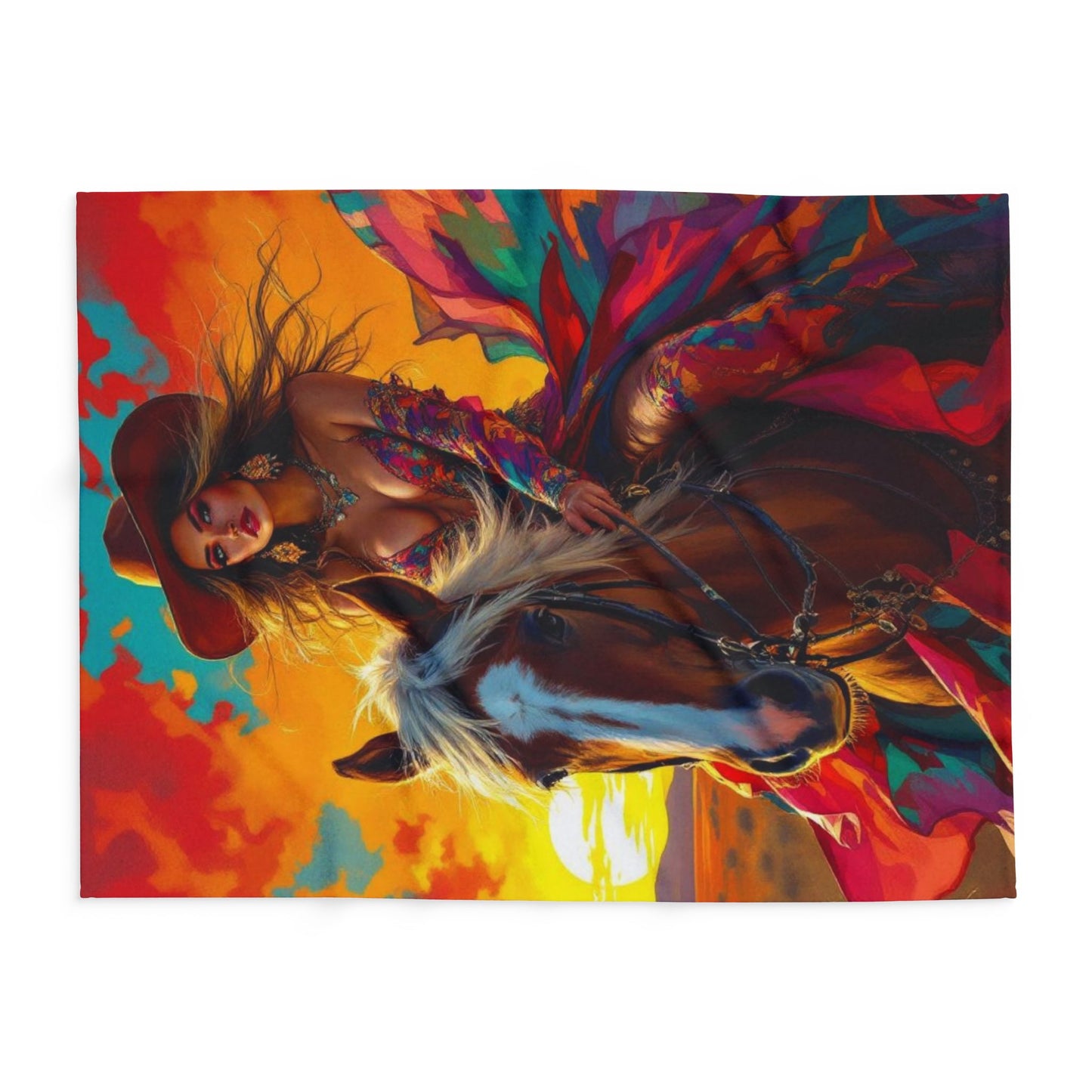 Western Sunset Horse Fleece Blanket — Colorful Cowgirl Riding Print