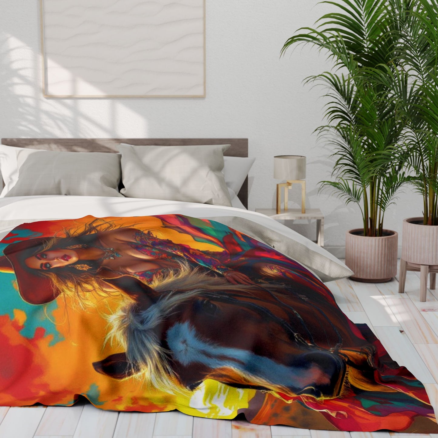 Western Sunset Horse Fleece Blanket — Colorful Cowgirl Riding Print