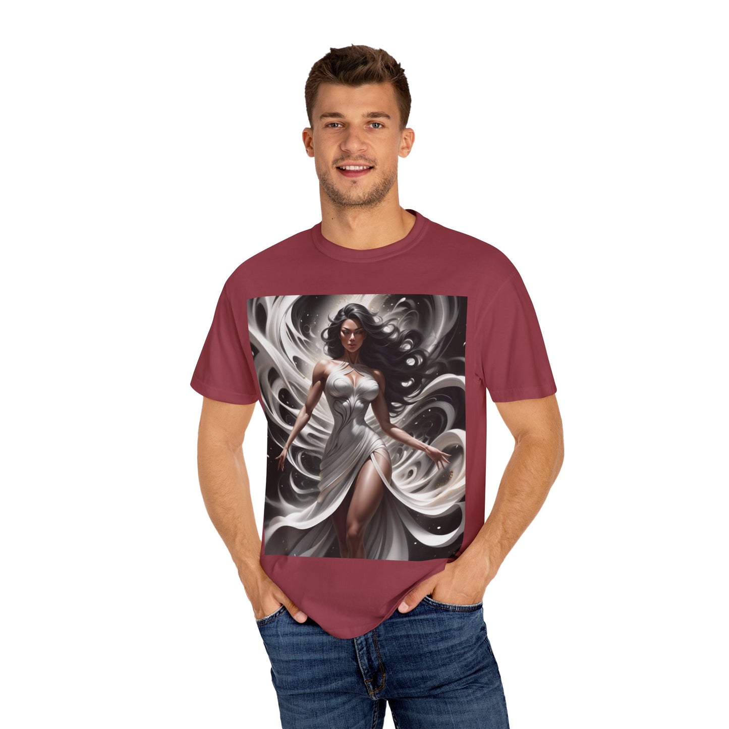 Goddess Art T-Shirt — Elegant White-Draped Fantasy Woman Print