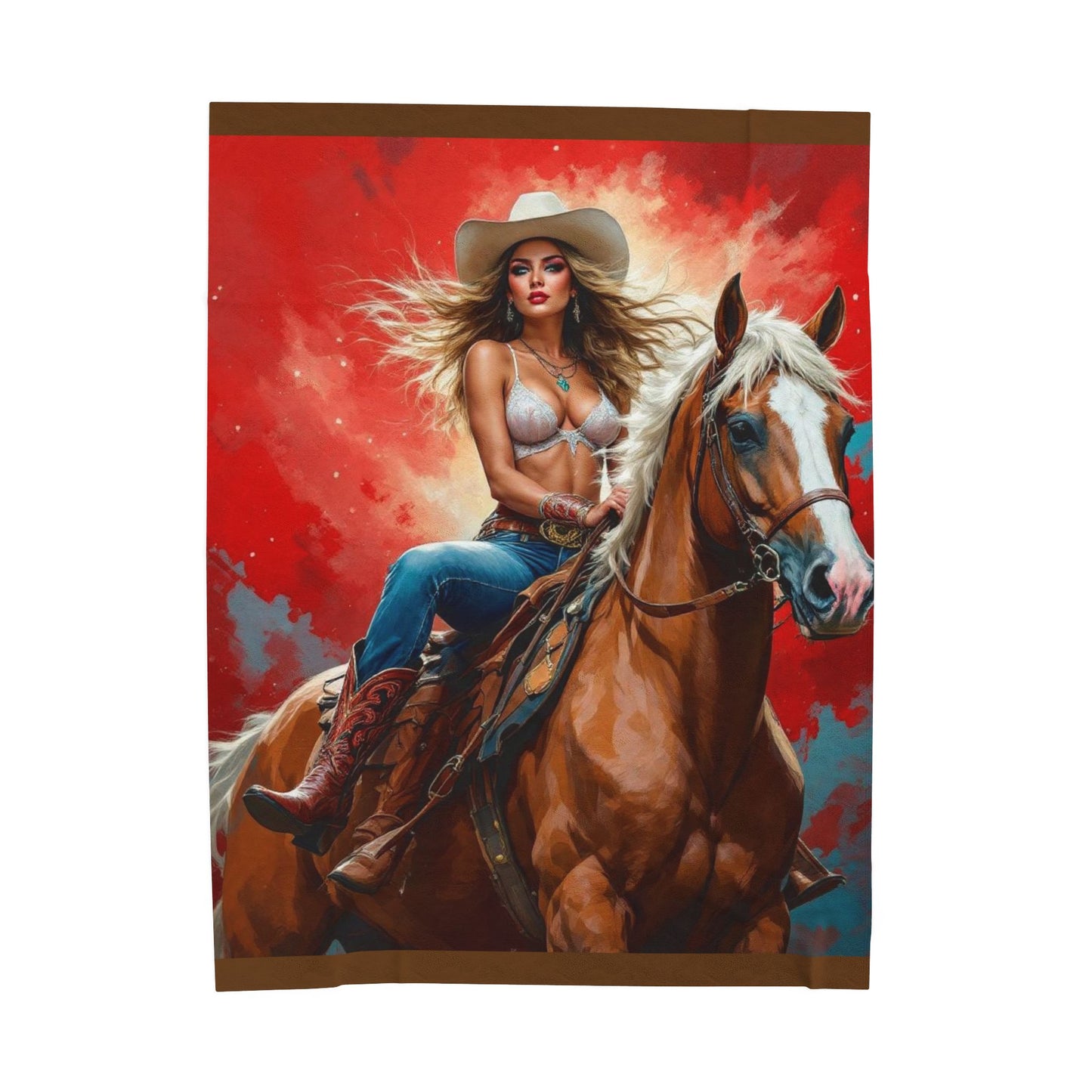 Cowgirl on Horse Velveteen Plush Blanket – Western Rodeo Decorative Throw