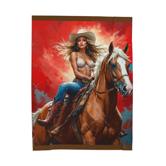 Cowgirl on Horse Velveteen Plush Blanket – Western Rodeo Decorative Throw
