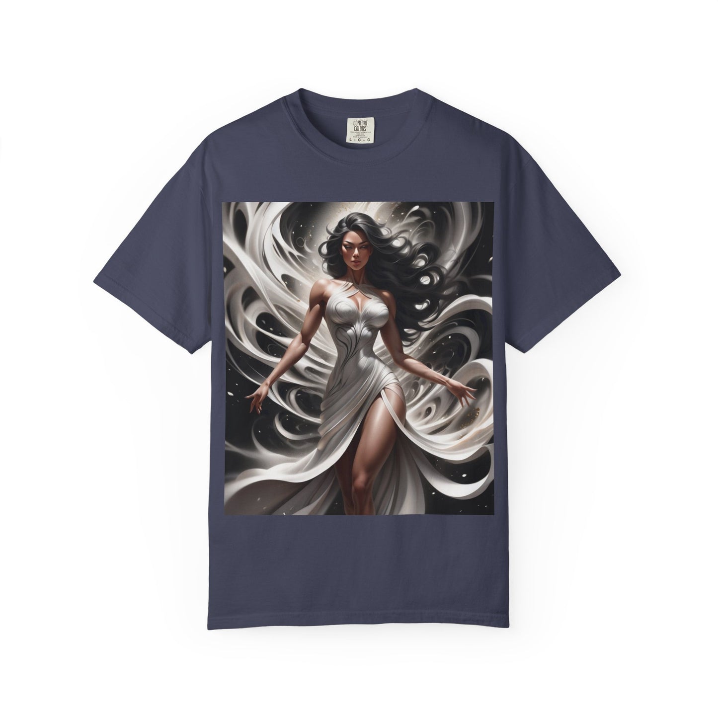 Goddess Art T-Shirt — Elegant White-Draped Fantasy Woman Print