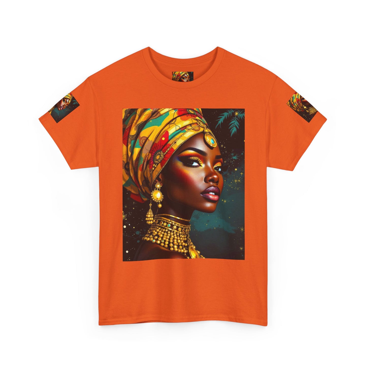 African Queen Portrait T-Shirt — Bold Headwrap & Gold Jewelry Graphic Tee
