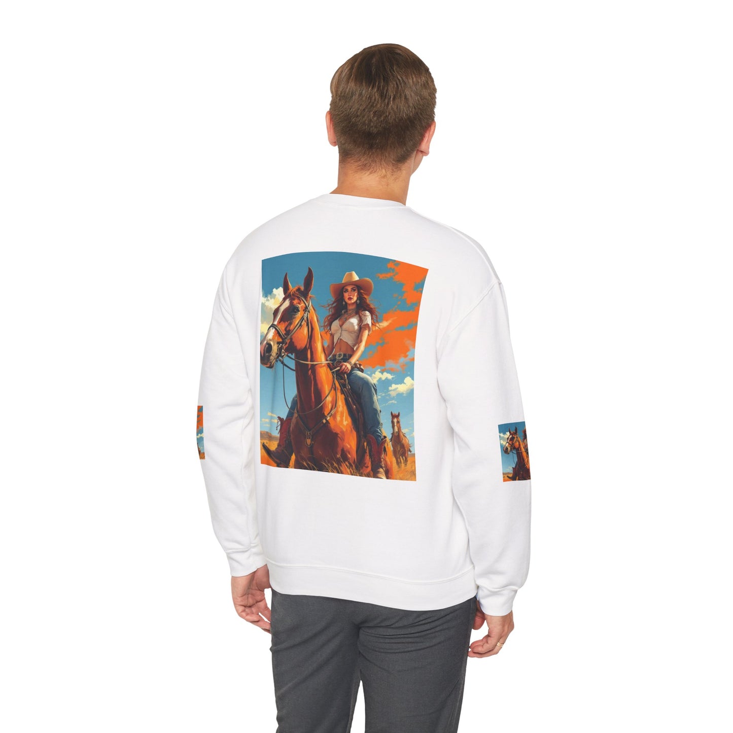 Cowgirl Riding Horse Sweatshirt — Western Sunset Graphic Crewneck